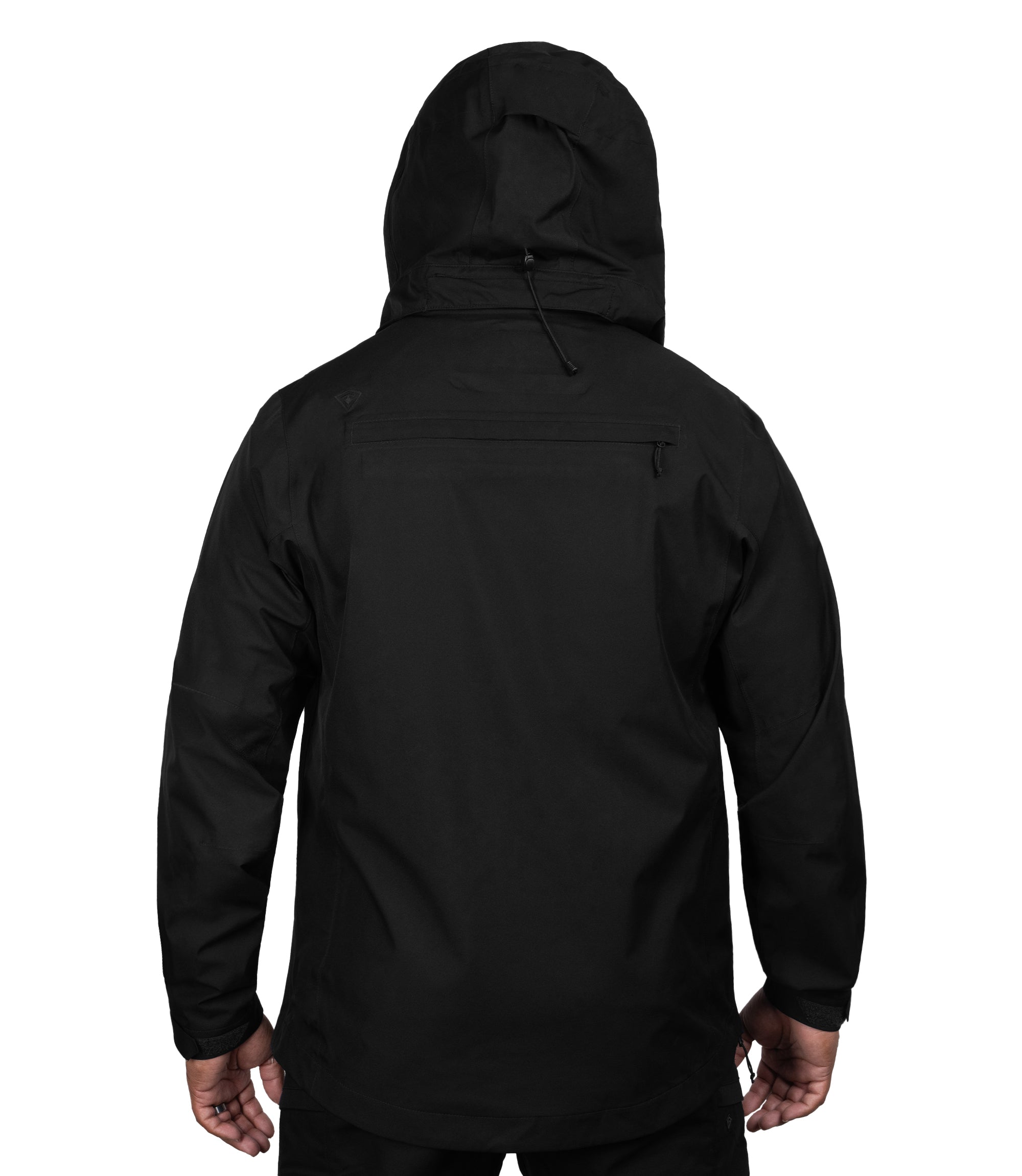 Back view hoodie up of the Monsoon Parka in color black |color_black