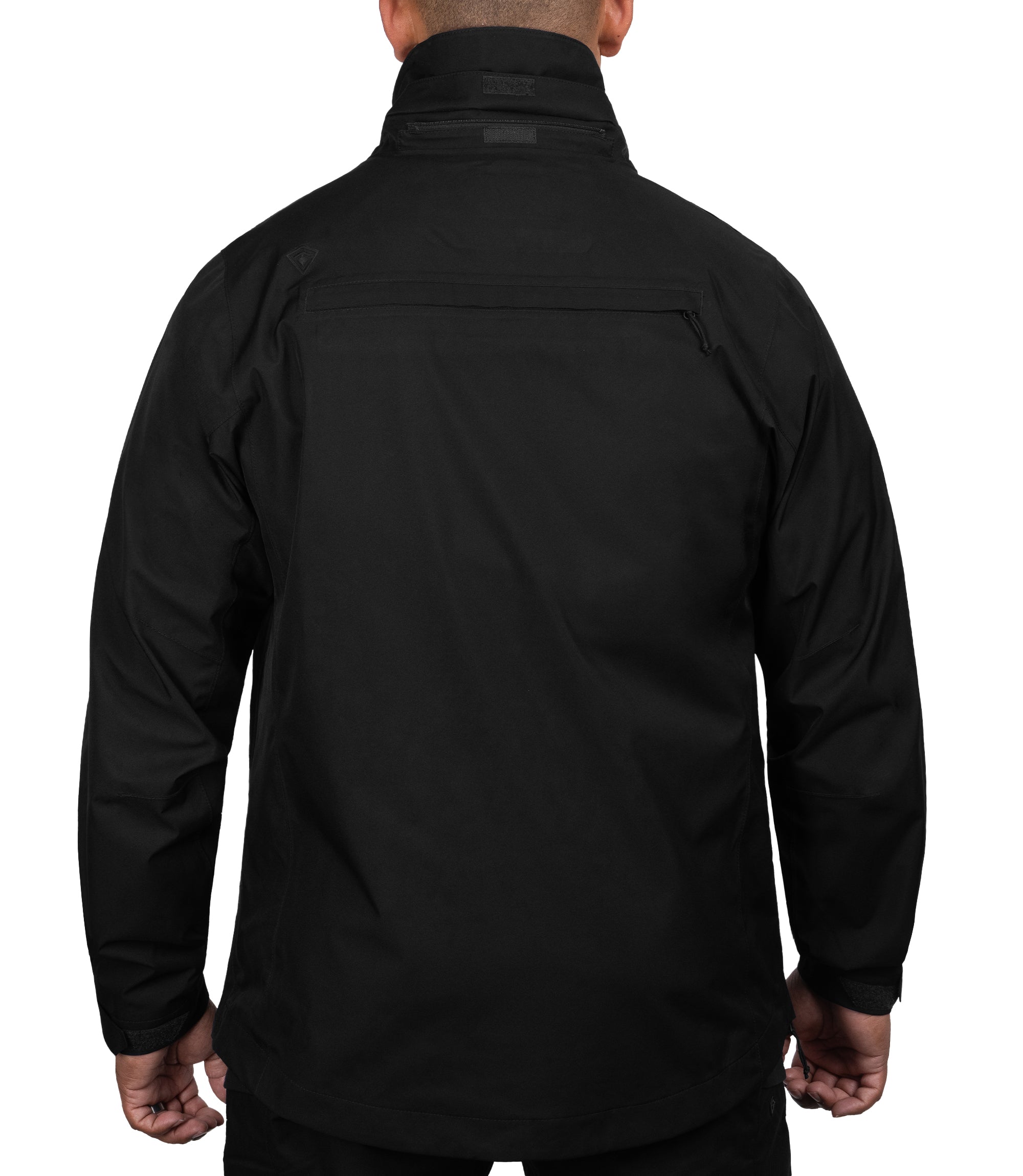 Back view without attached hoodie of the Monsoon Parka in color black |color_black