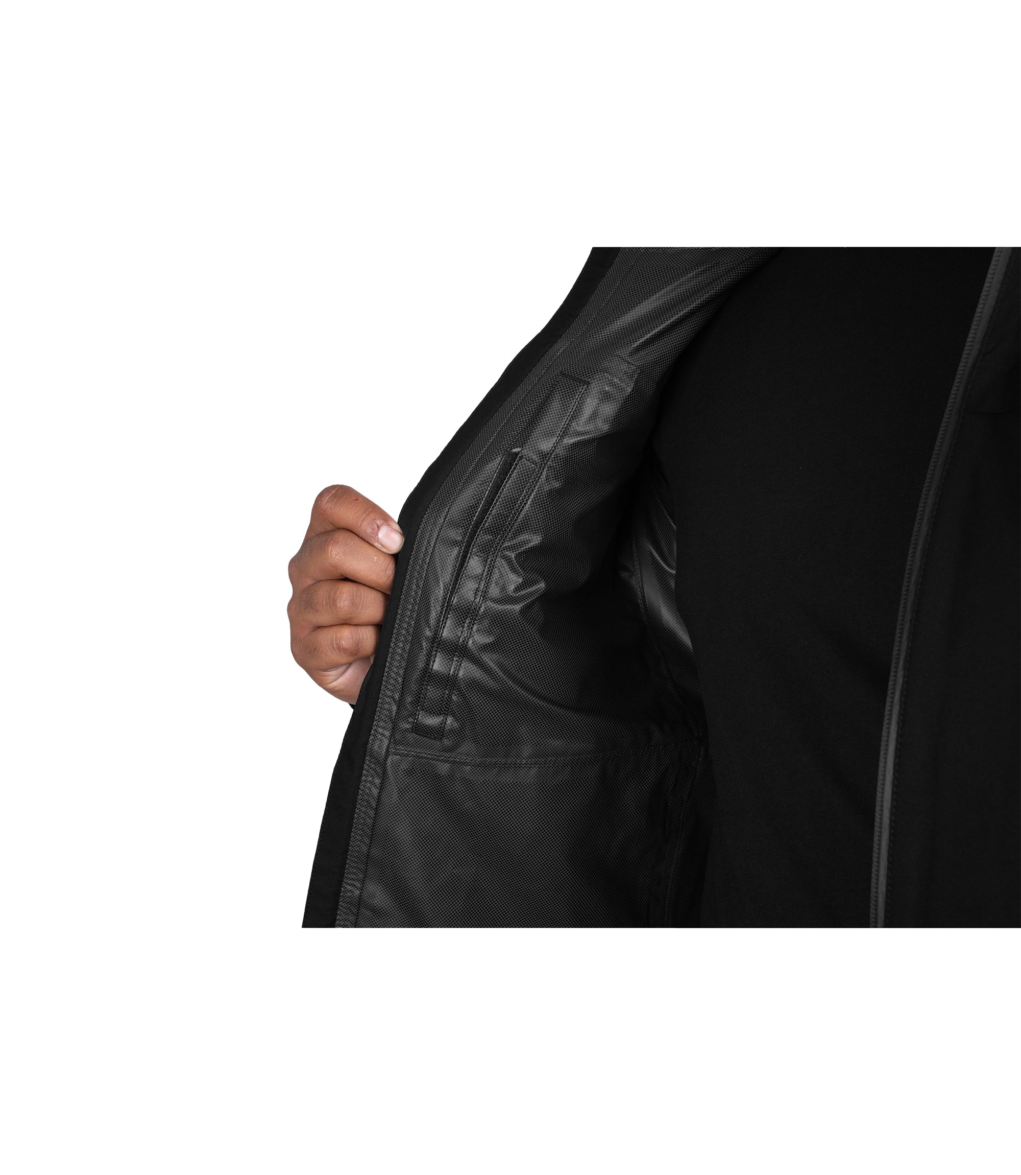 Interior chest pocket with hook and loop closure view of the Monsoon Parka in color black |color_black