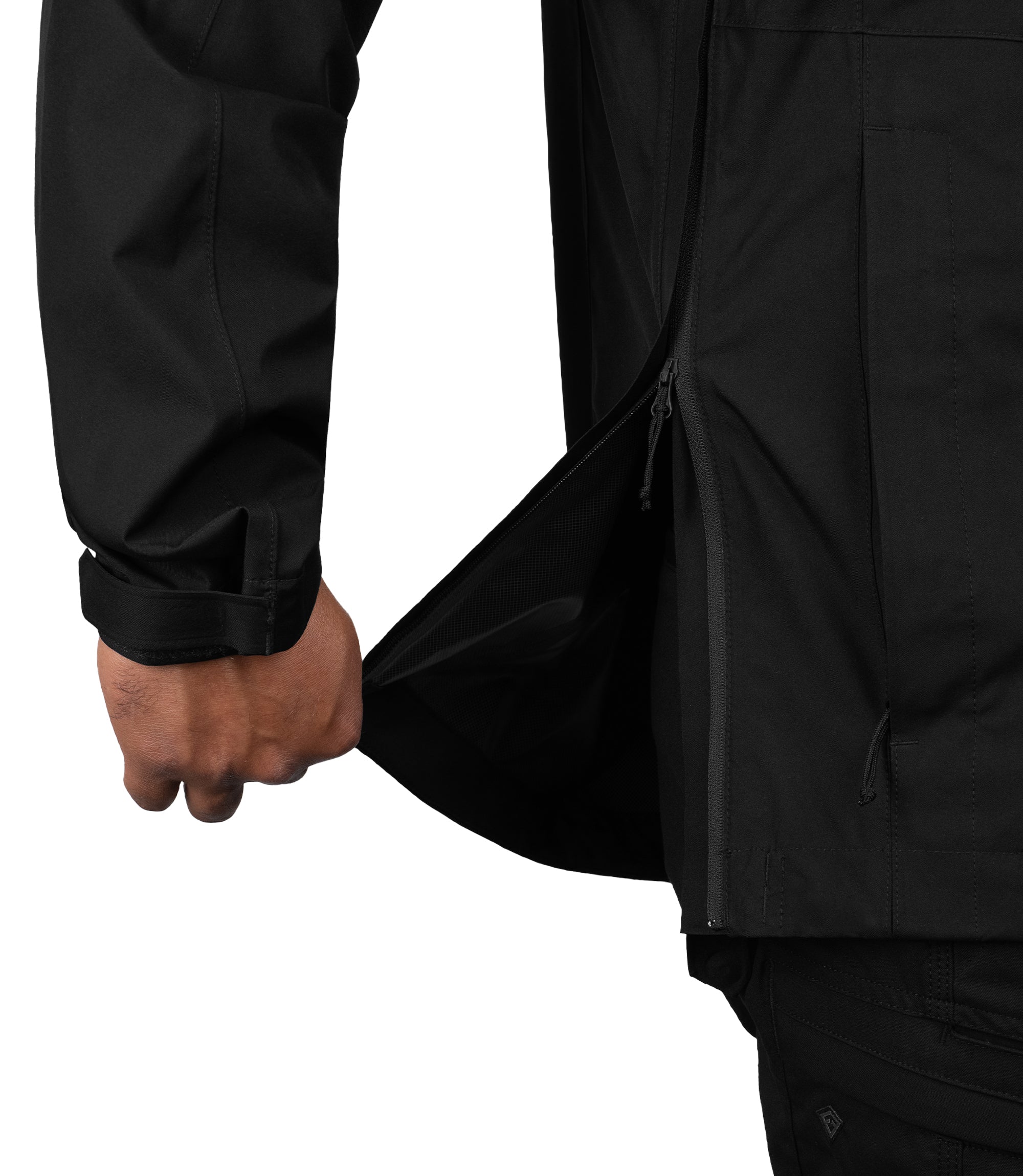 Side zip view of the Monsoon Parka in color black |color_black