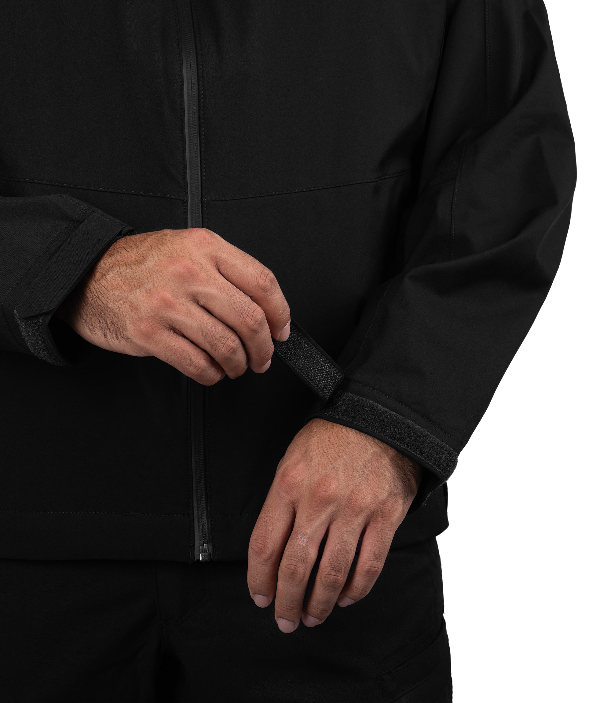 Adjustable cuff closure view of the Monsoon Parka in color black |color_black