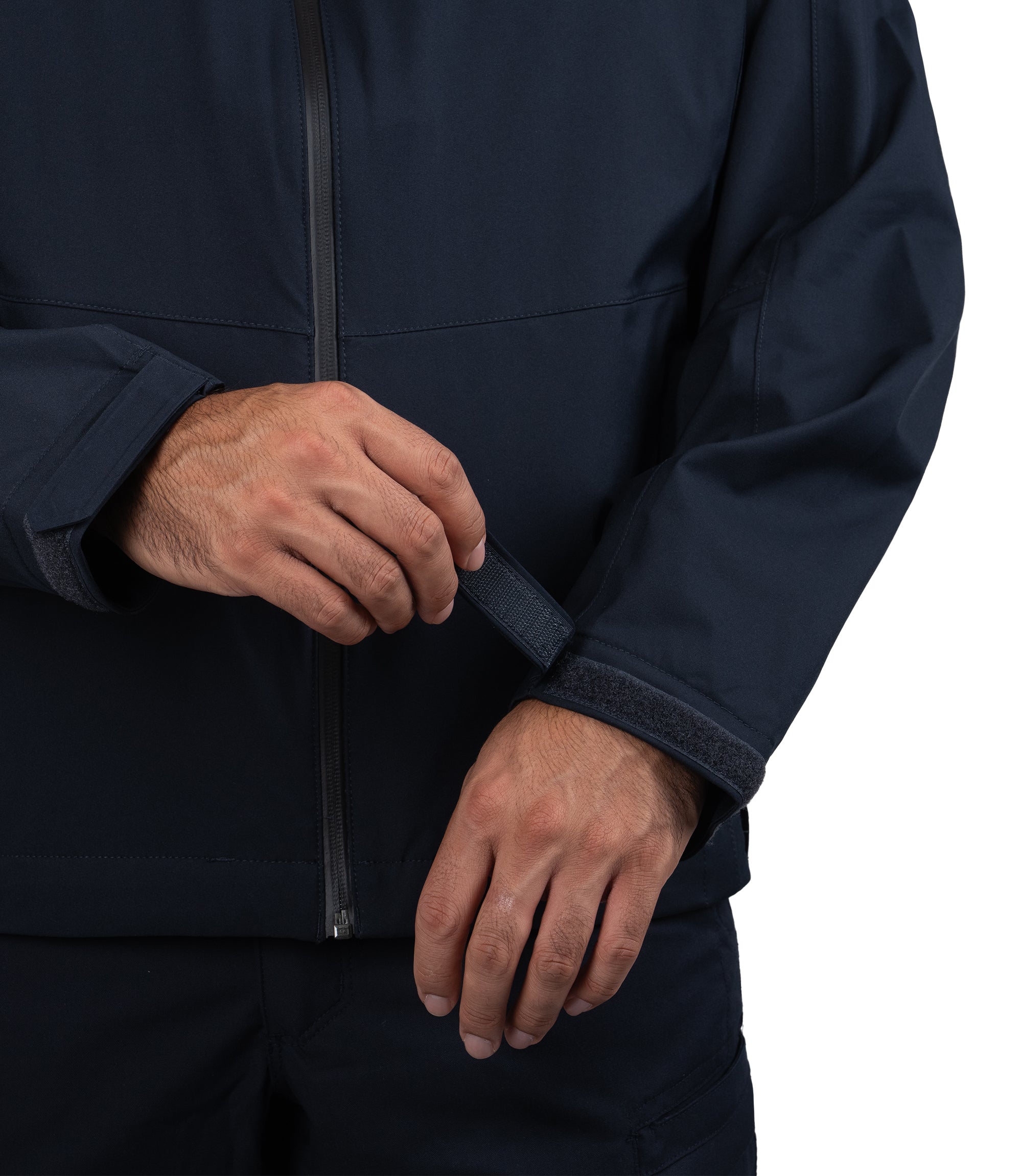 Adjustable cuff closure view of the Monsoon Parka in color Midnight Navy |color_midnight navy