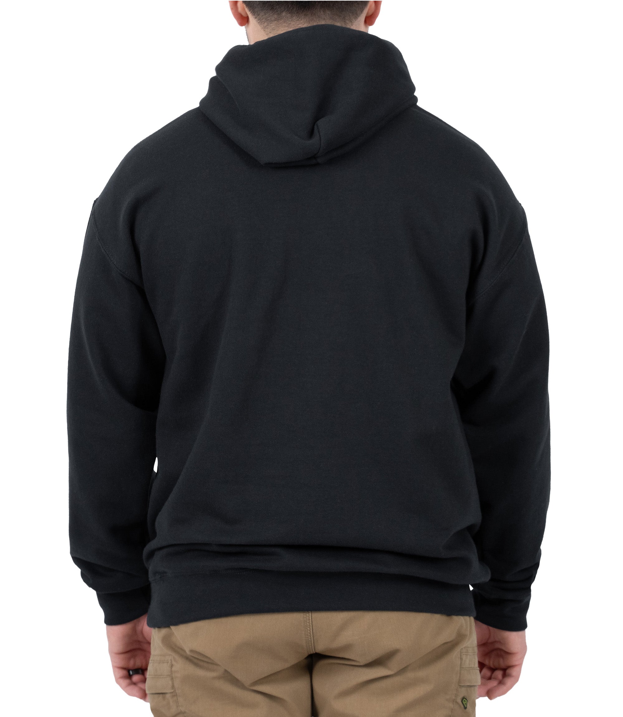 Back view of First In, Last Out hoodie in color black |color_black