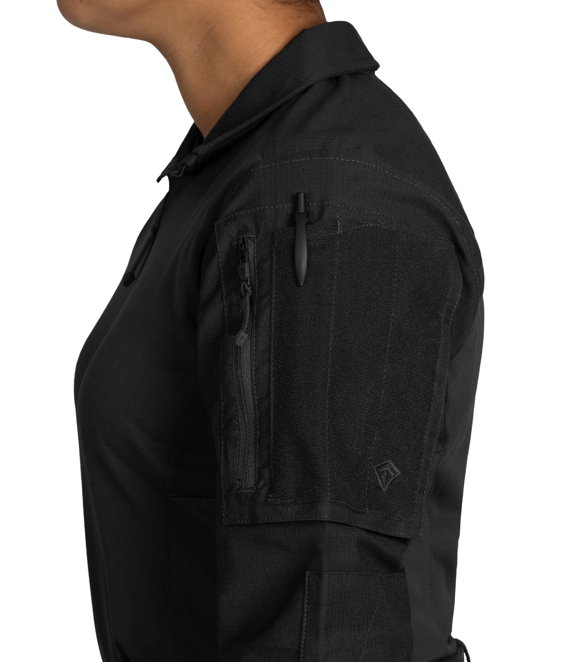 Oversized Sleeve Pocket with Pen Pocket and Loop Panel on Women's Defender Shirt in Black |color_black