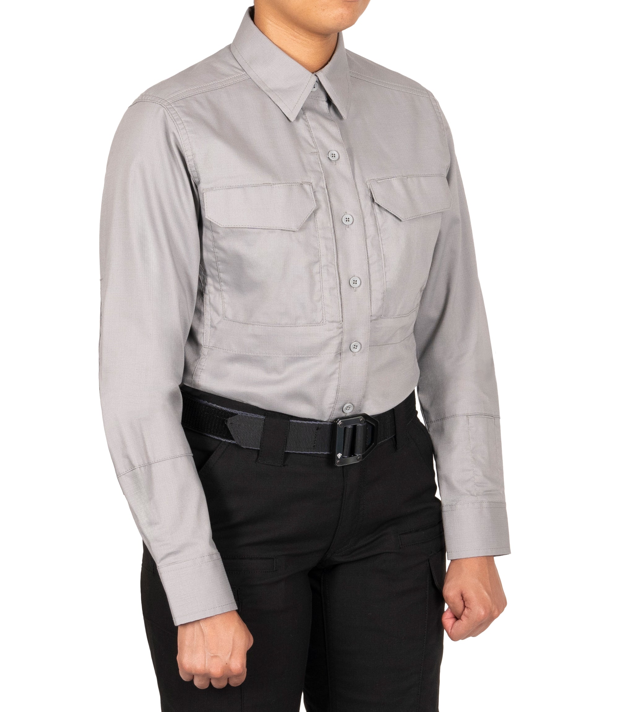 Front 1/4 of Women's V2 Tactical Long Sleeve Shirt in Nickel Grey |color_nickel grey