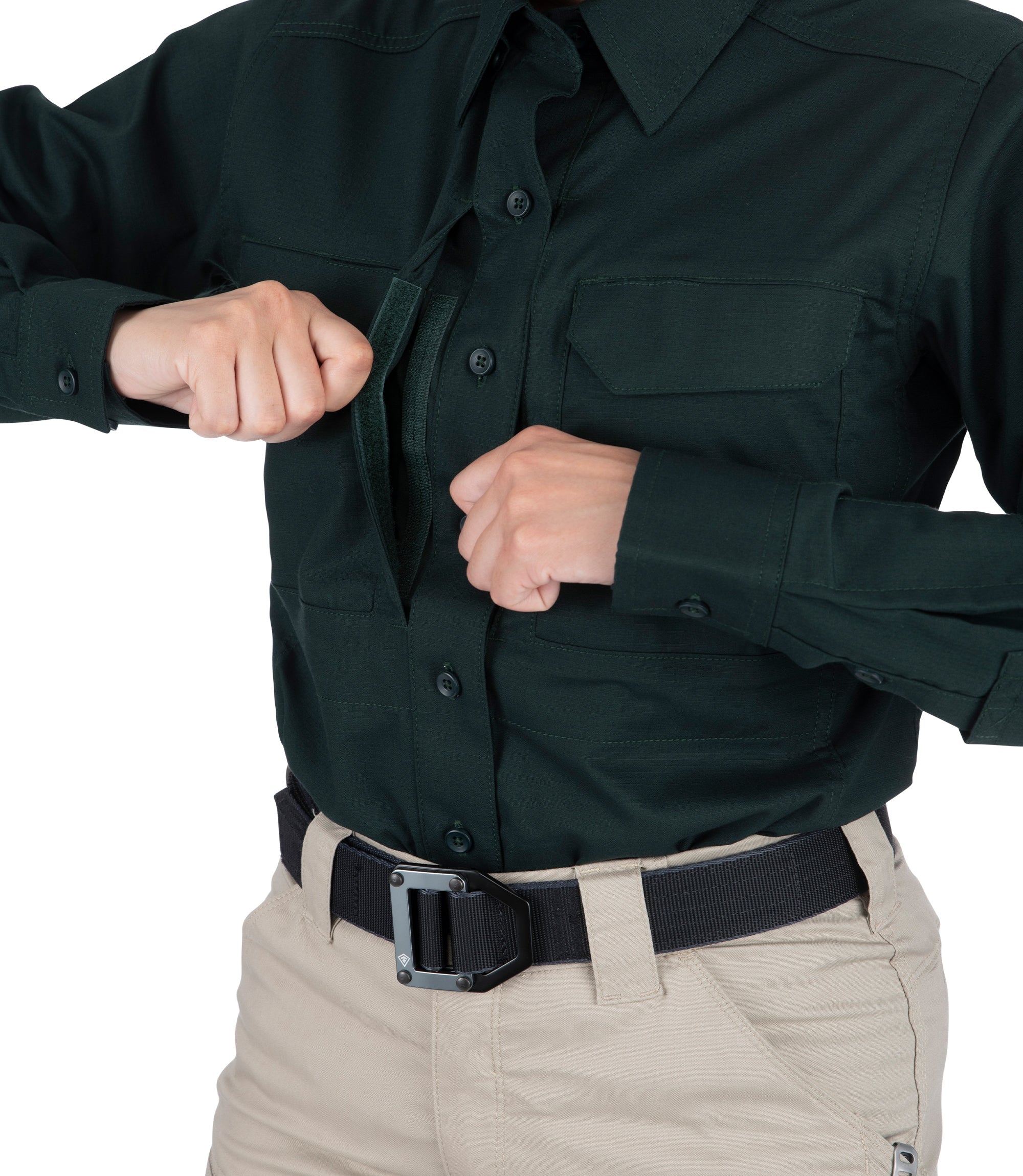 Side button pocket of Women's V2 Tactical Long Sleeve Shirt in Spruce Green |color_spruce green