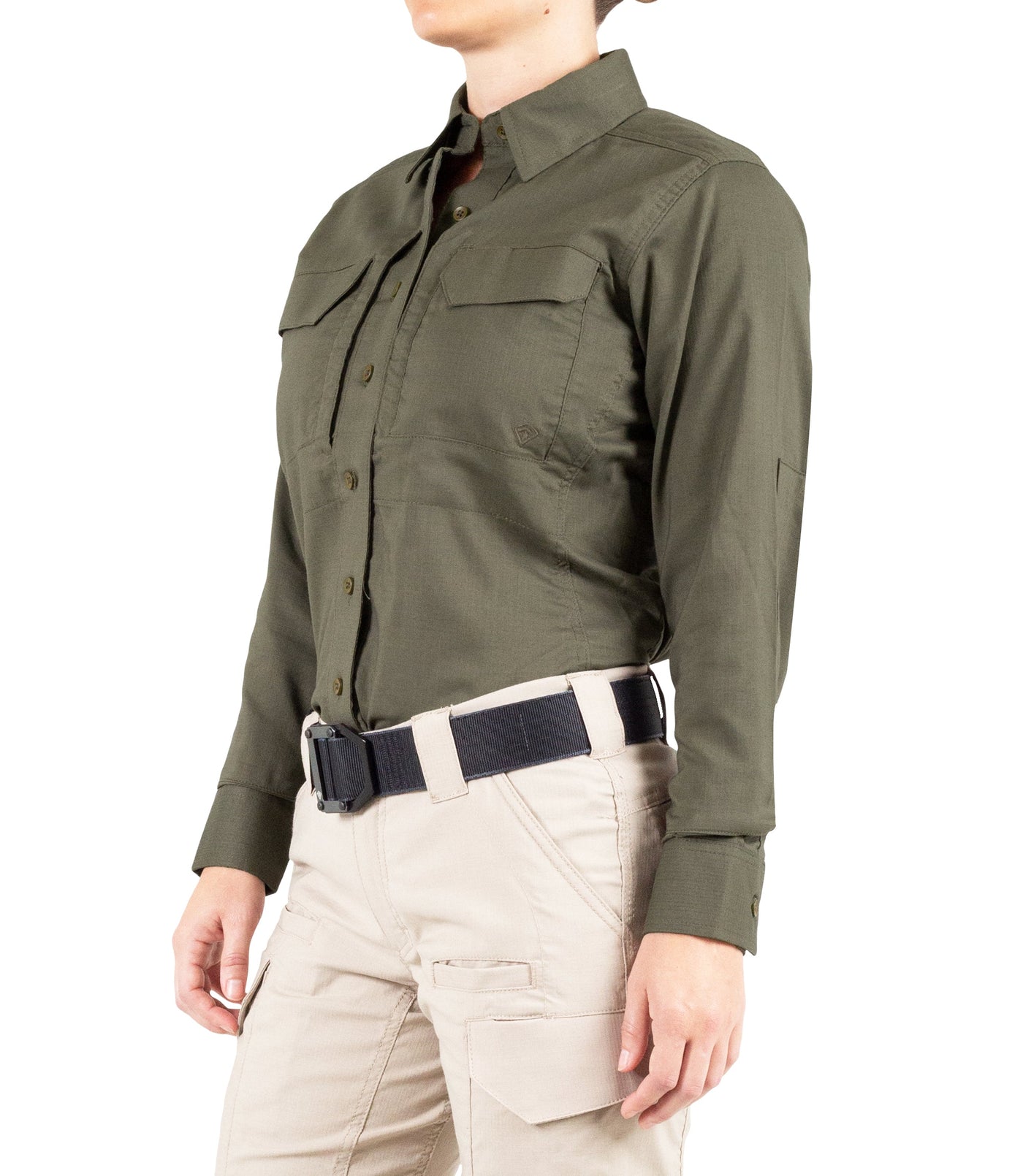 Side of Women's V2 Tactical Long Sleeve Shirt in OD Green