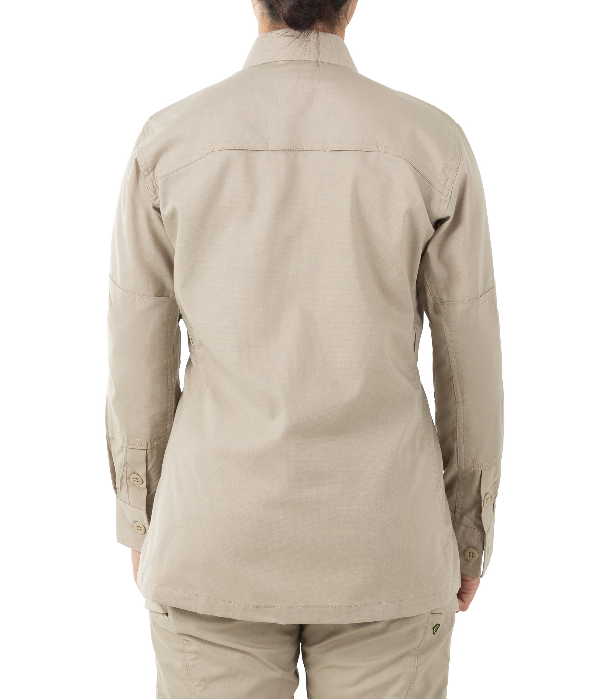 Back of Women's V2 BDU Long Sleeve Shirt in Khaki |color_khaki