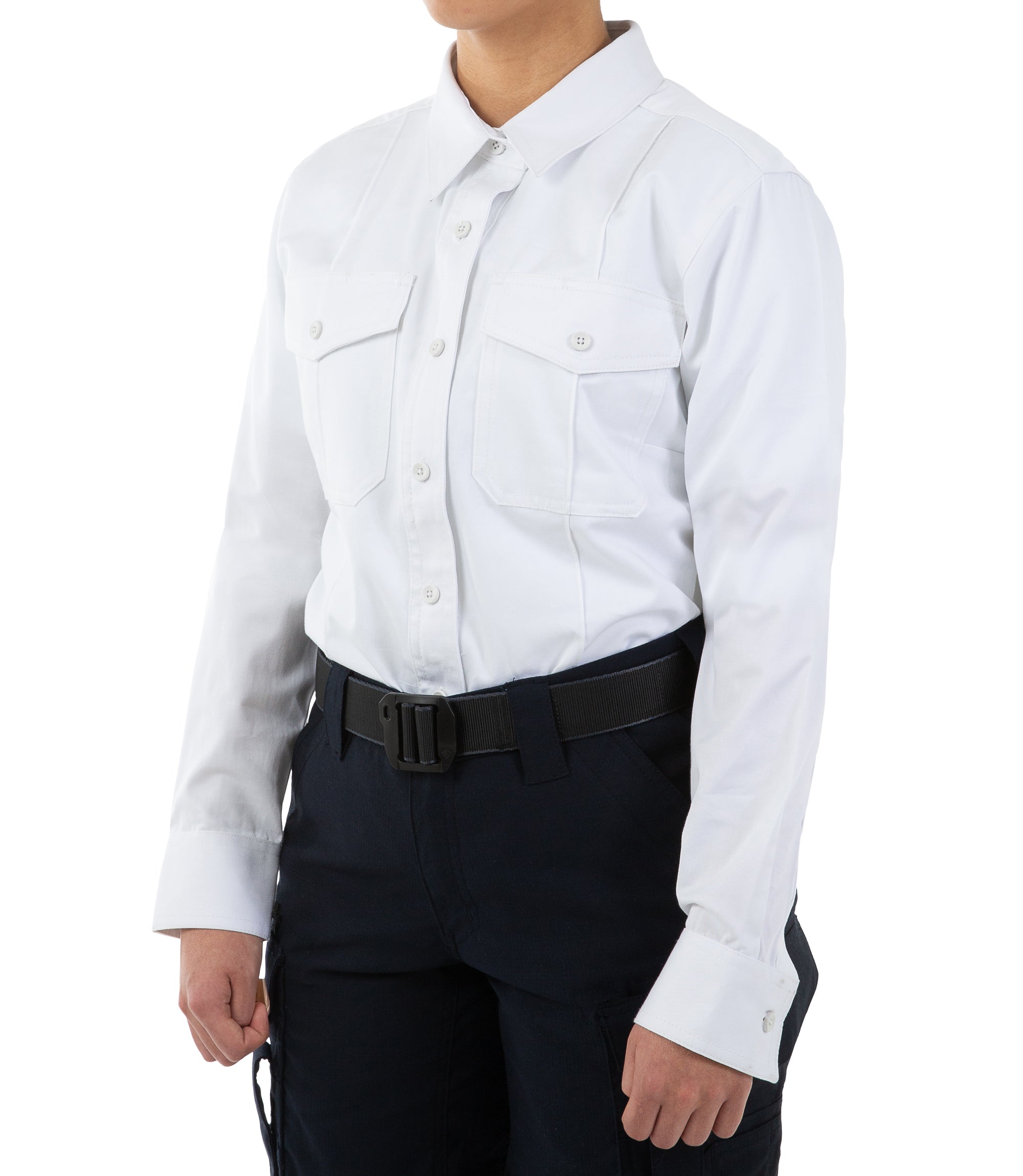Side of Women's Cotton Station Long Sleeve Shirt in White |color_white