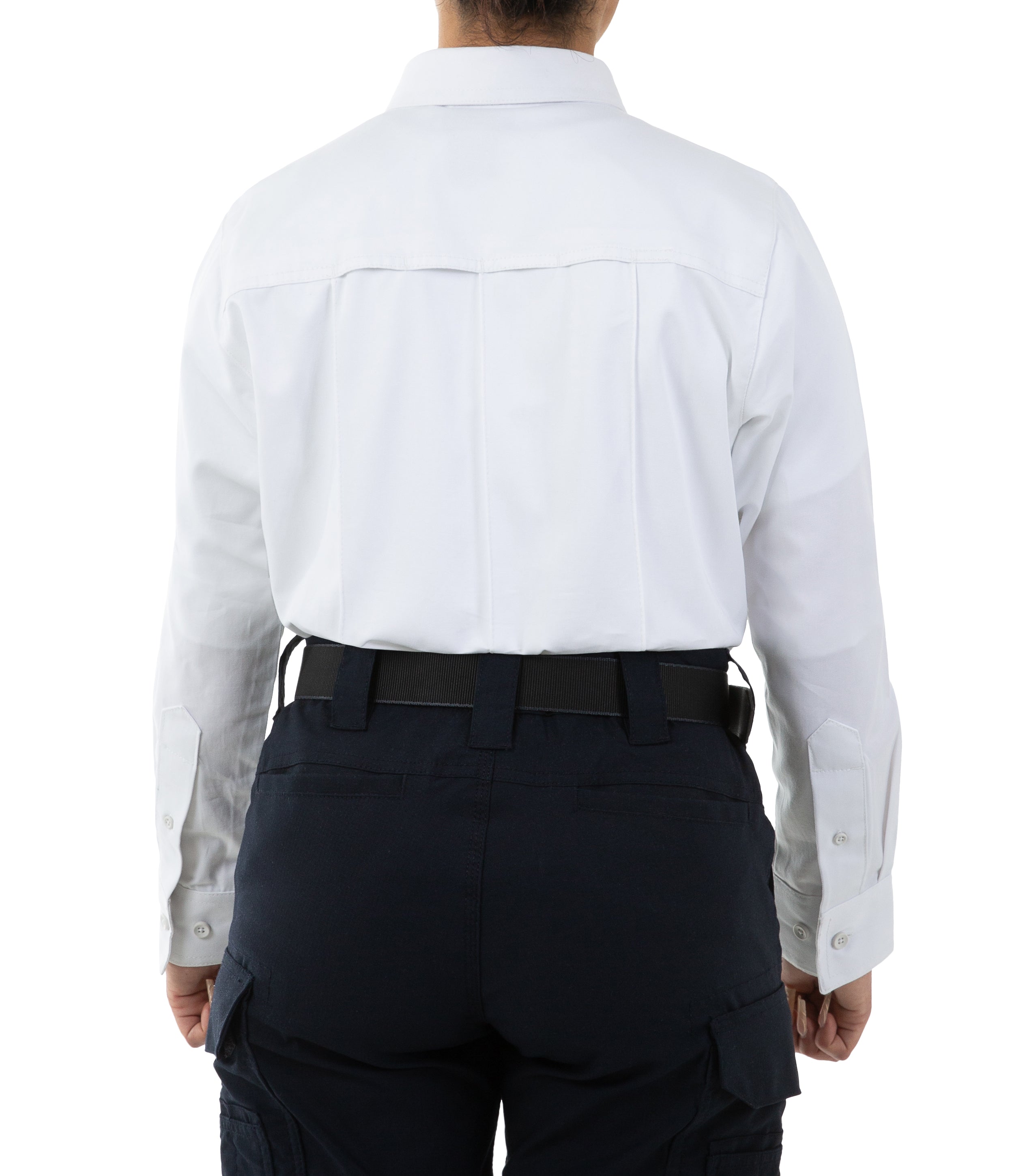 Back of Women's Cotton Station Long Sleeve Shirt in White |color_white