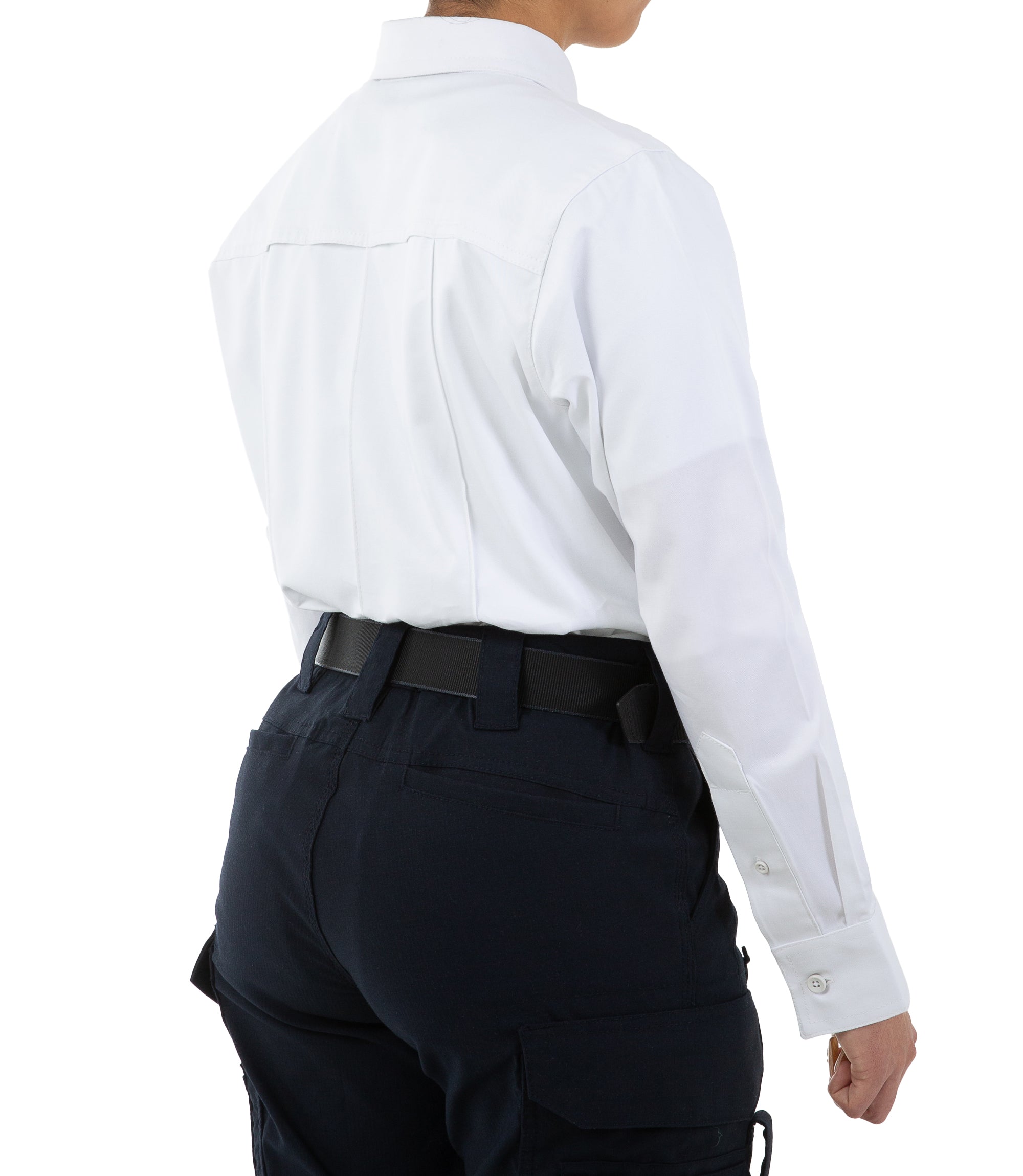 Side of Women's Cotton Station Long Sleeve Shirt in White |color_white