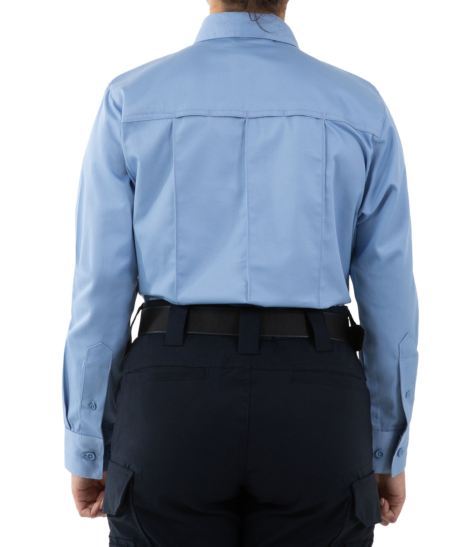 Back of Women's Cotton Station Long Sleeve Shirt in Medium Blue |color_medium blue