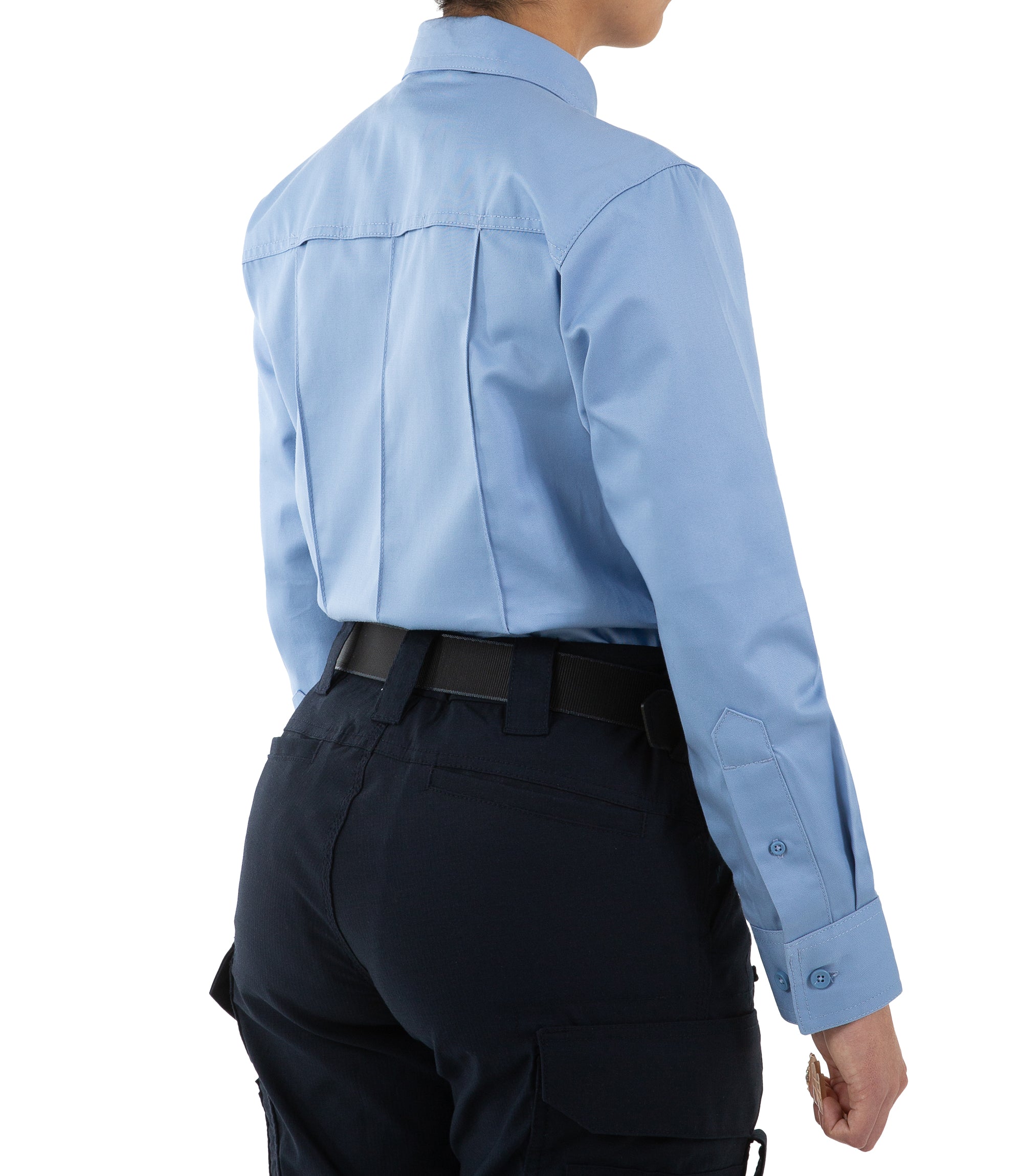 Side of Women's Cotton Station Long Sleeve Shirt in Medium Blue |color_medium blue