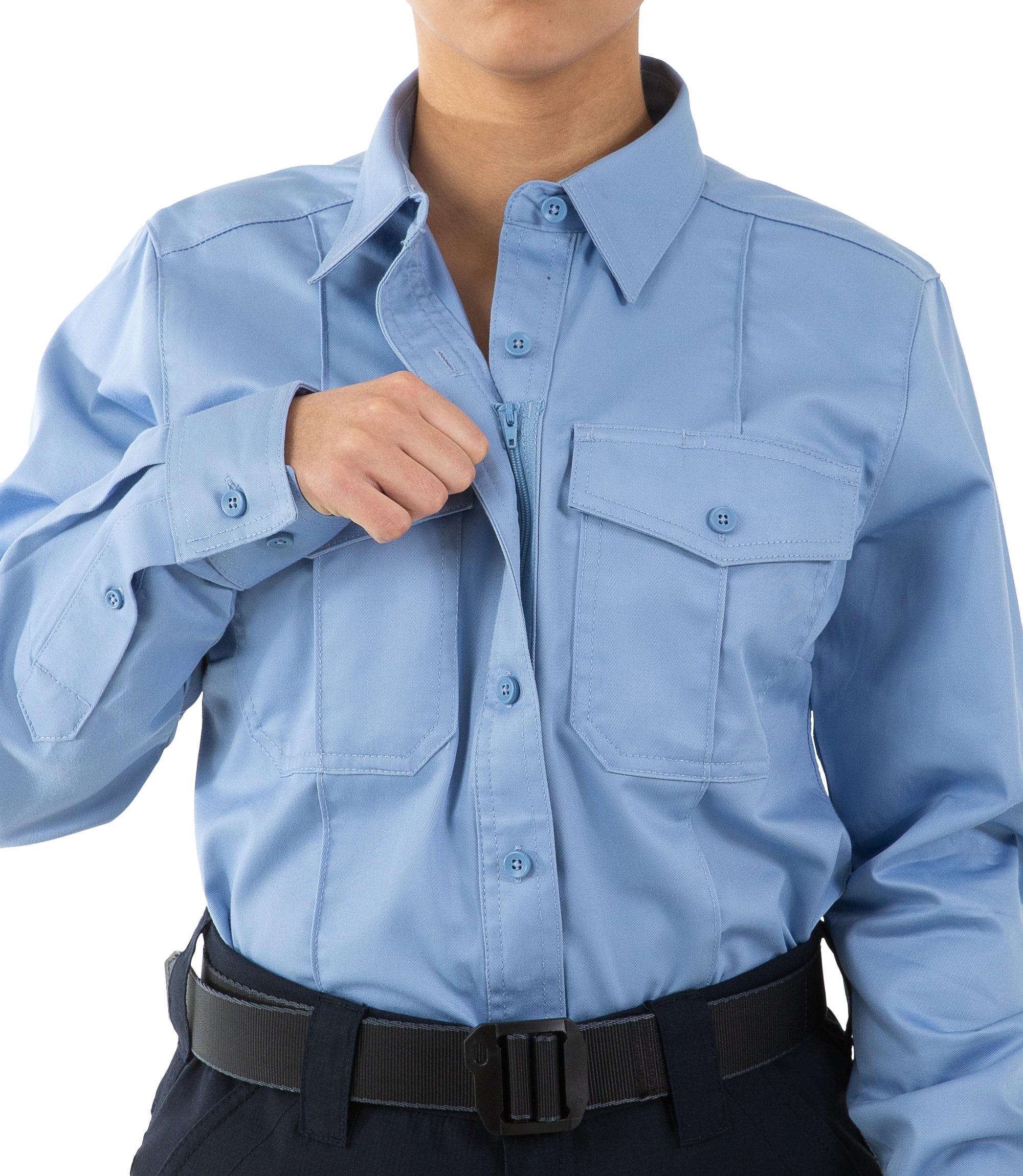 Open Button of Women's Cotton Station Long Sleeve Shirt in Medium Blue |color_medium blue