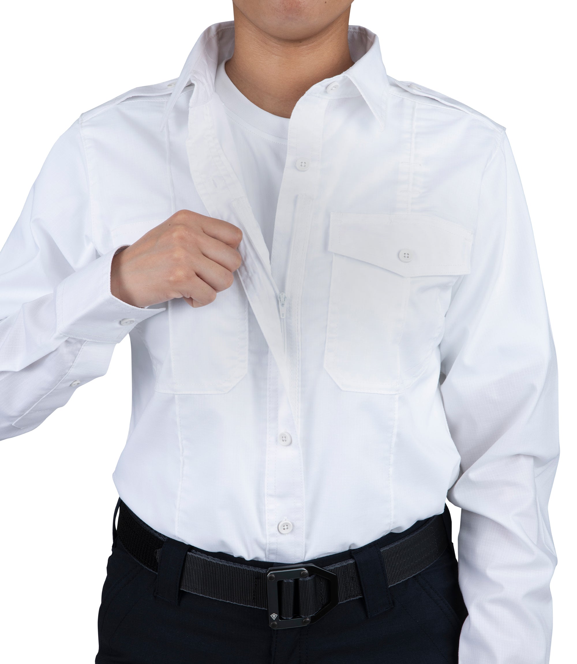 Front open button of Women's Pro Duty Uniform Shirt in White |color_white
