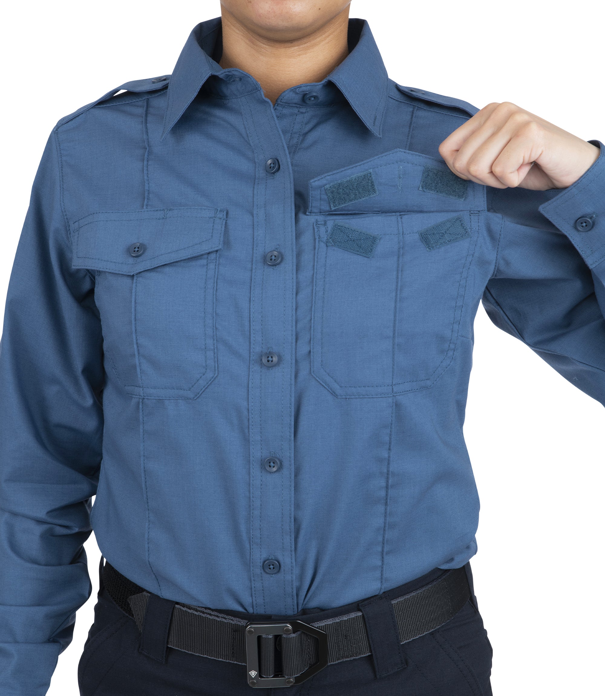 Front open pocket of Women's Pro Duty Uniform Shirt in French Blue |color_french blue