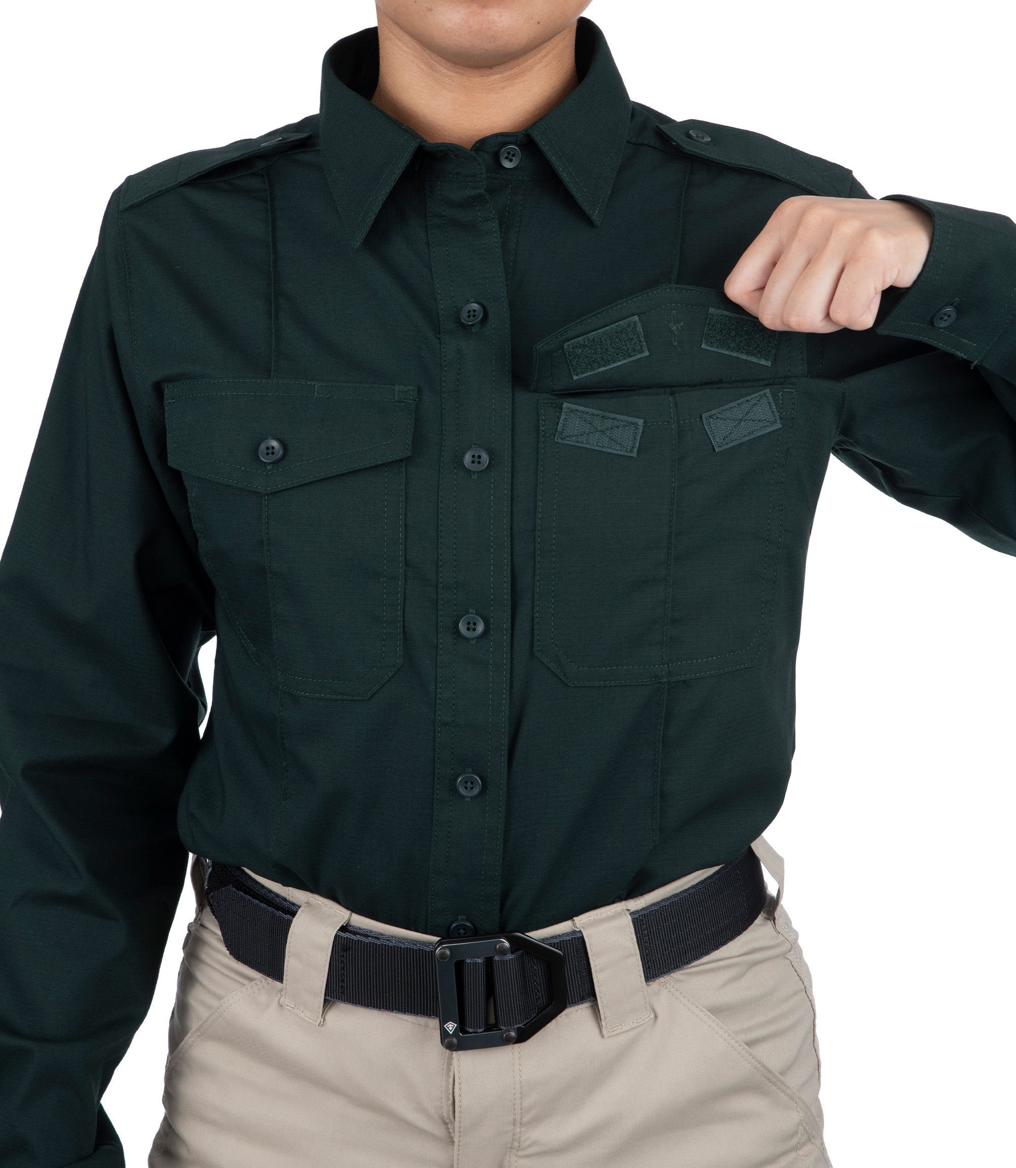 Front open pocket of Women's Pro Duty Uniform Shirt in Spruce Green |color_spruce green