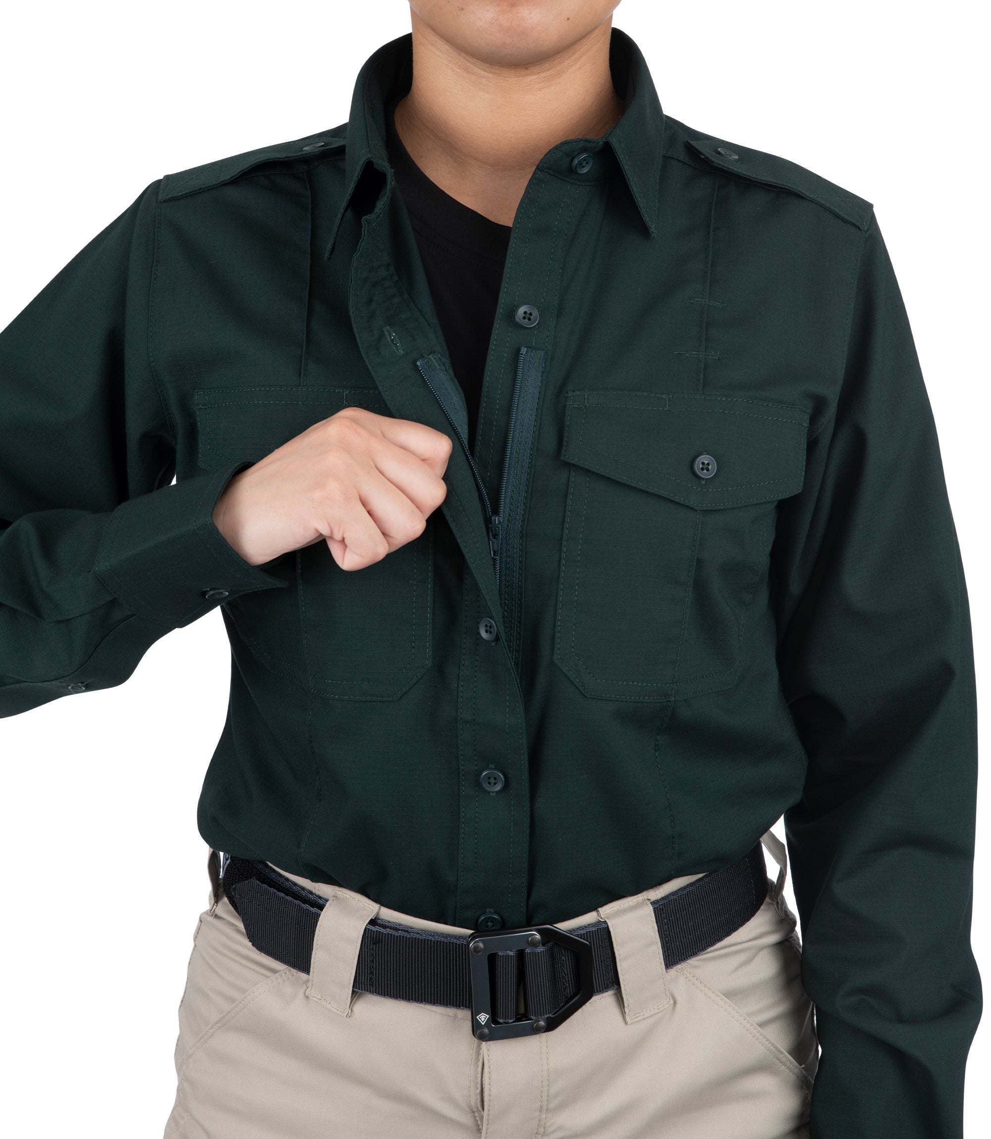 Front open button of Women's Pro Duty Uniform Shirt in Spruce Green |color_spruce green