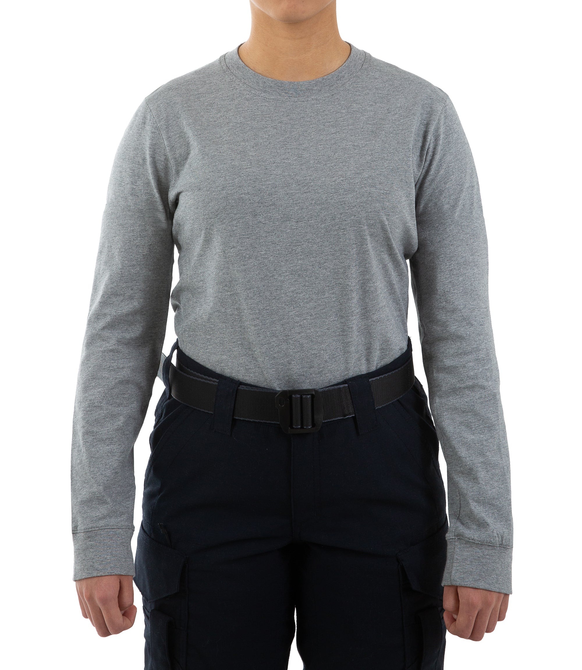 Front view of Women's Tactix Cotton Long Sleeve T-Shirt in Heather Grey |color_heather grey