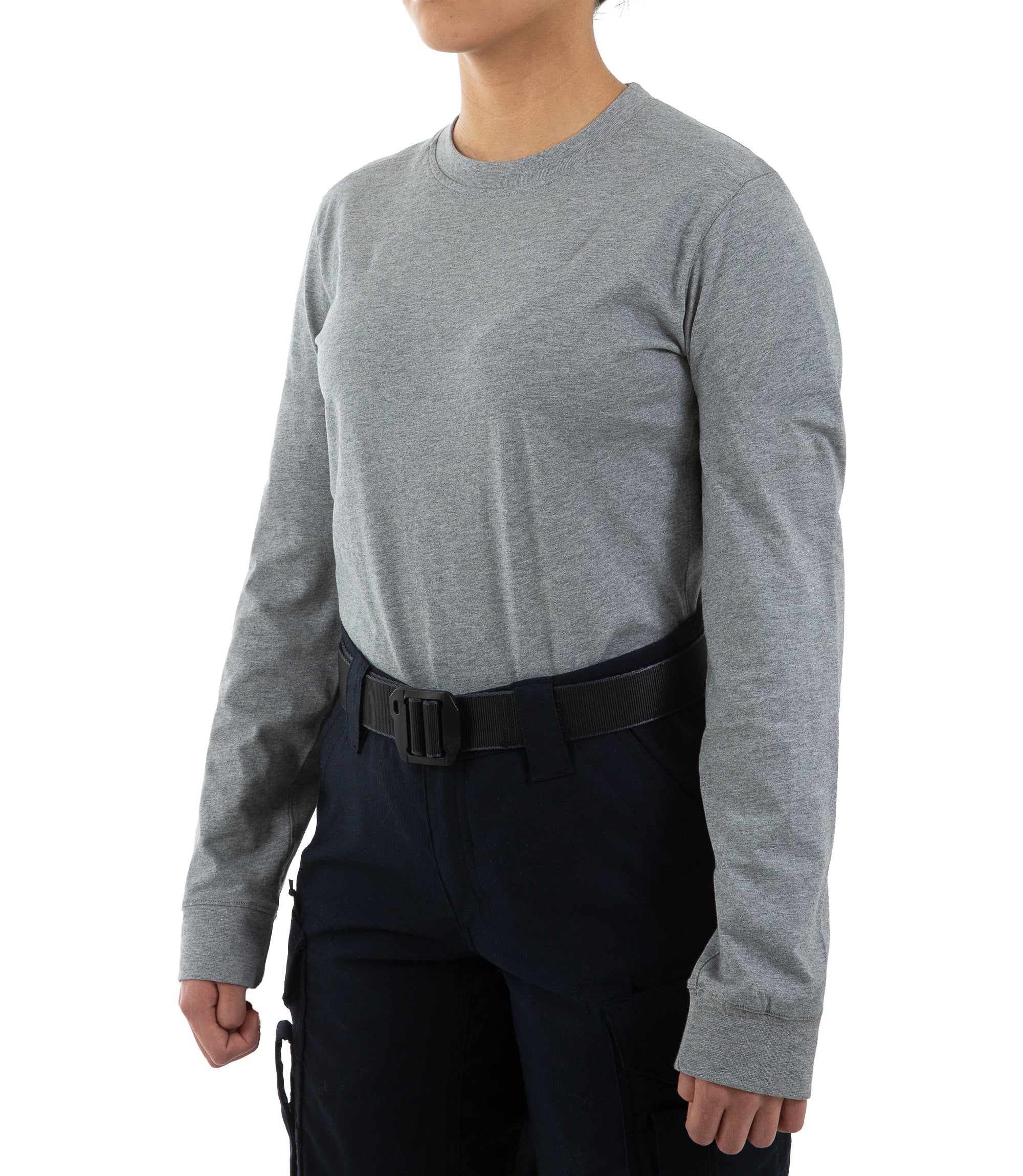 Left front side view of Women's Tactix Cotton Long Sleeve T-Shirt in Heather Grey |color_heather grey