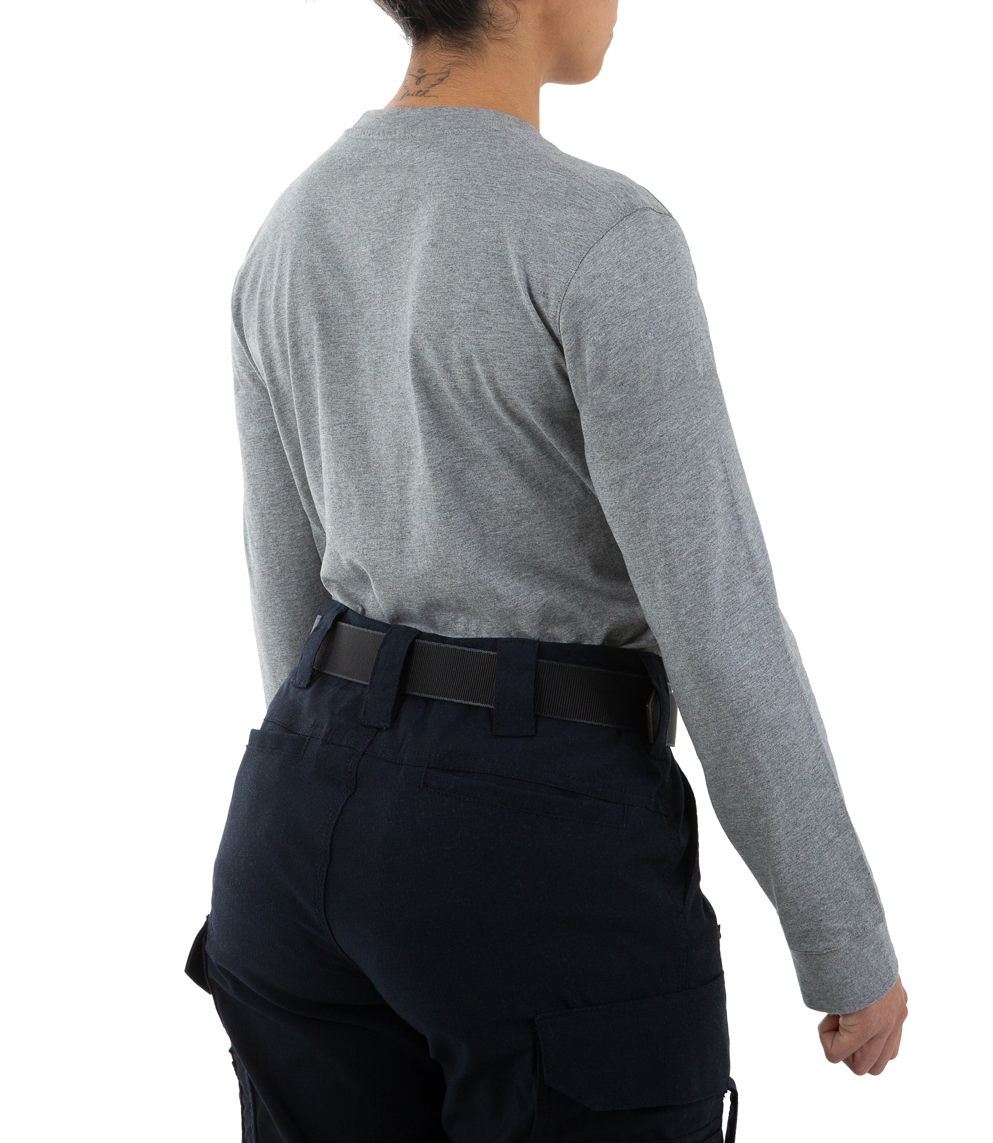 Right back side view of Women's Tactix Cotton Long Sleeve T-Shirt in Heather Grey |color_heather grey