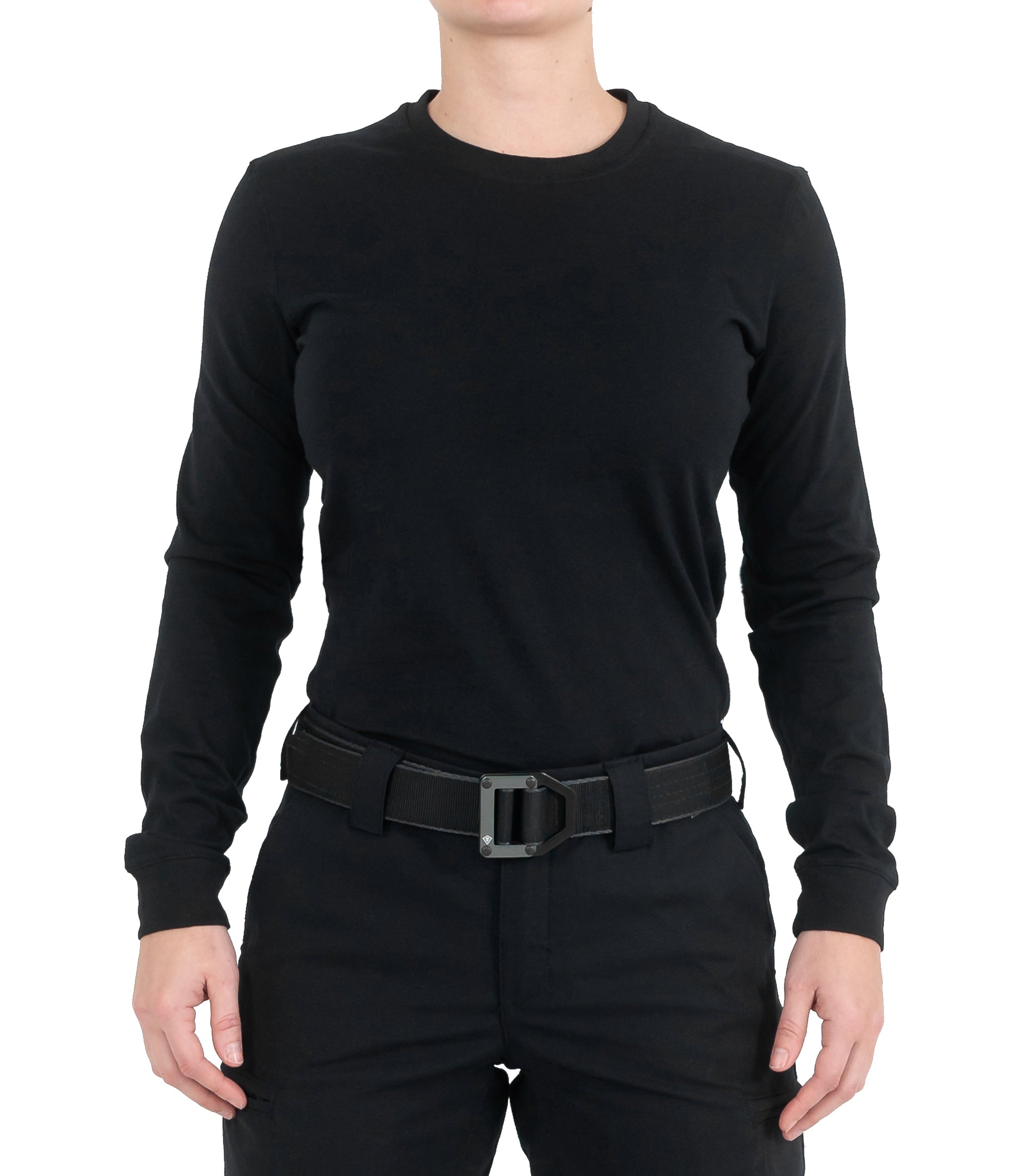 Front view of Women's Tactix Cotton Long Sleeve T-Shirt in Black |color_black
