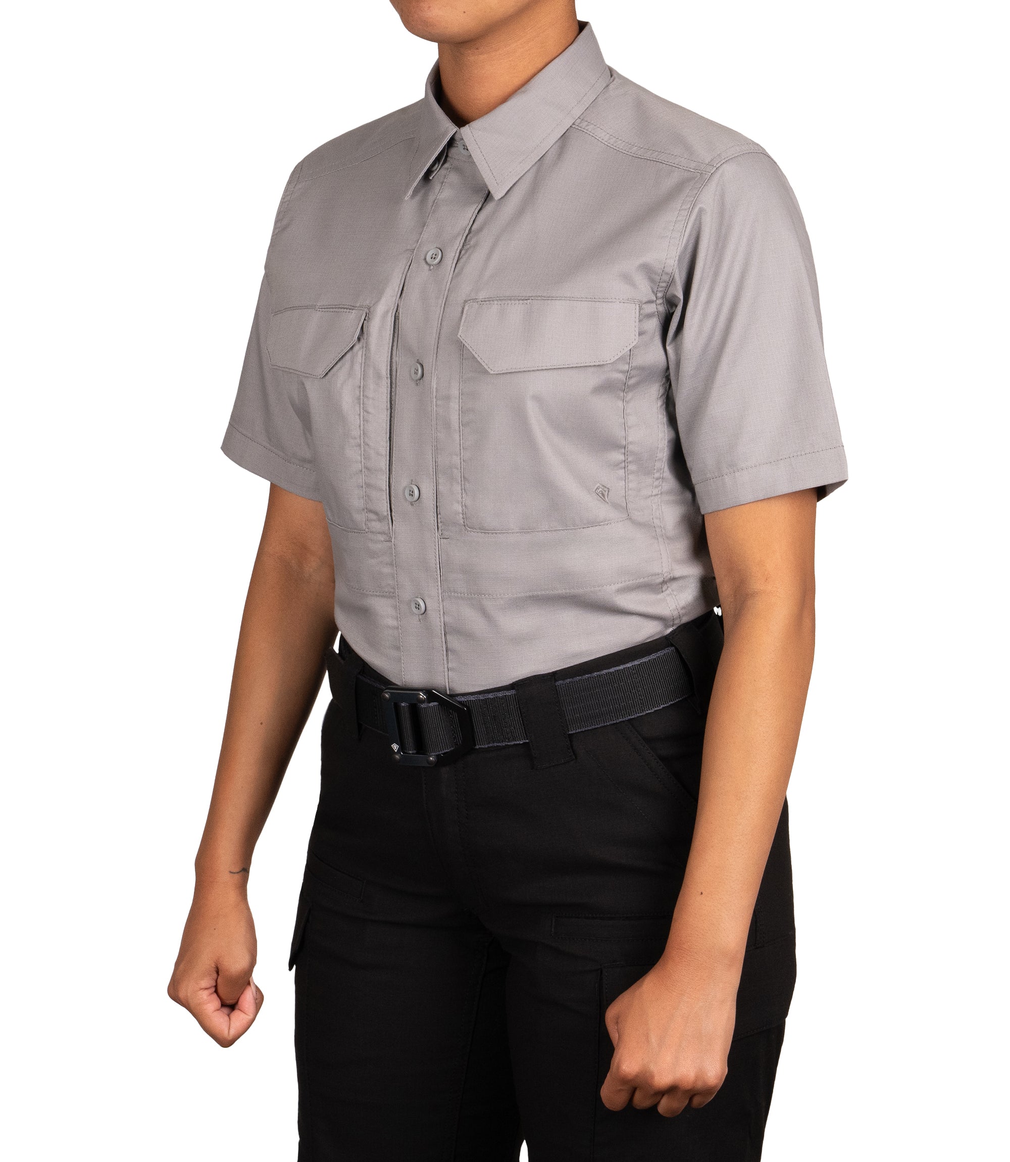 Front 1/4 of Women's V2 Tactical Short Sleeve Shirt in Nickel Grey |color_nickel grey