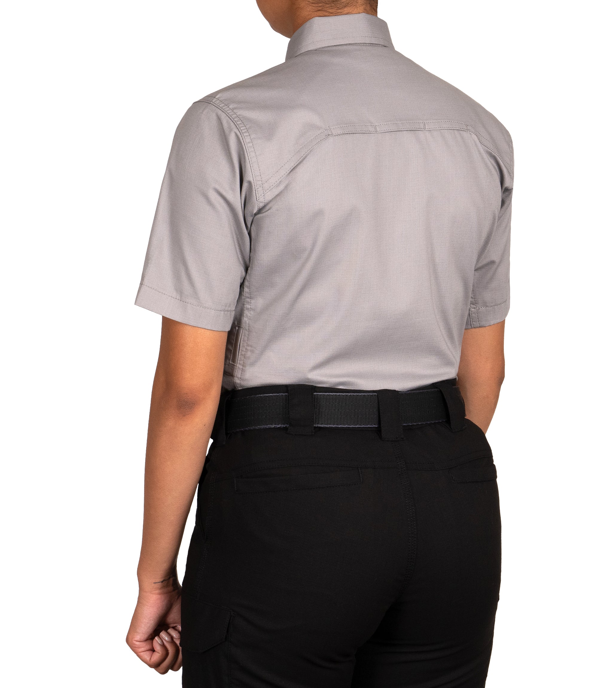Back 1/4 of Women's V2 Tactical Short Sleeve Shirt in Nickel Grey |color_nickel grey