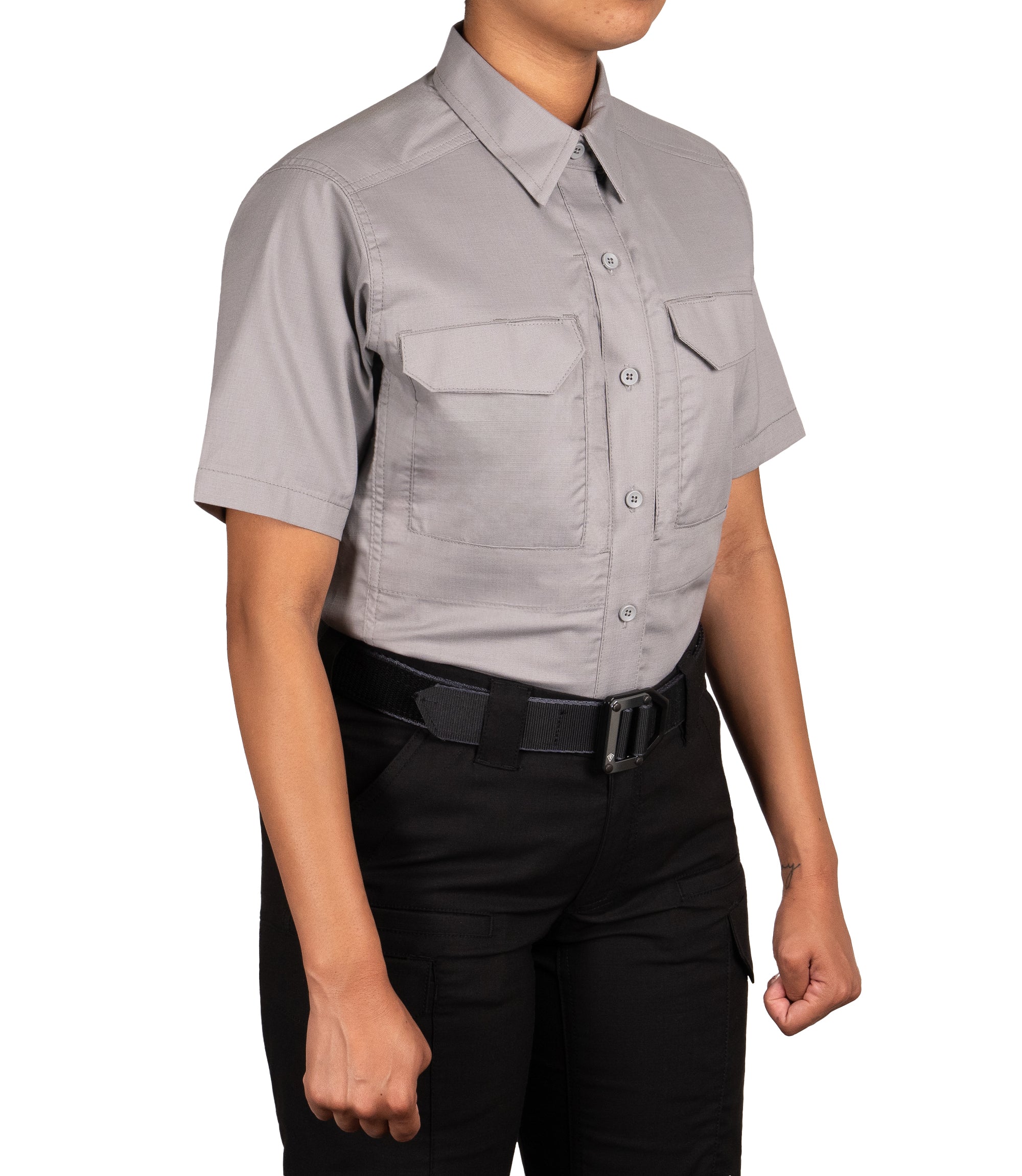 Front 1/4 of Women's V2 Tactical Short Sleeve Shirt in Nickel Grey |color_nickel grey