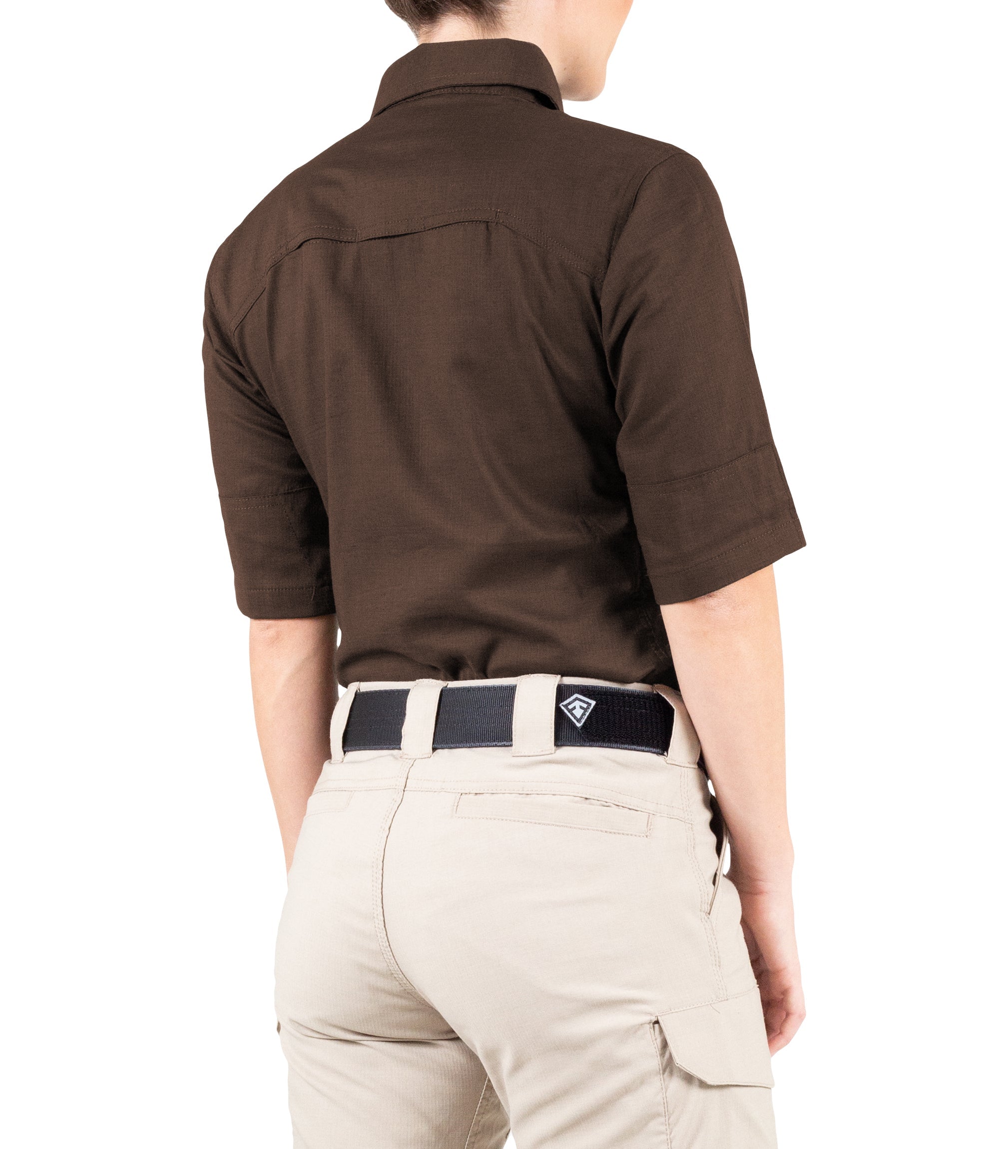 Side of Women's V2 Tactical Short Sleeve Shirt in Brown |color_brown