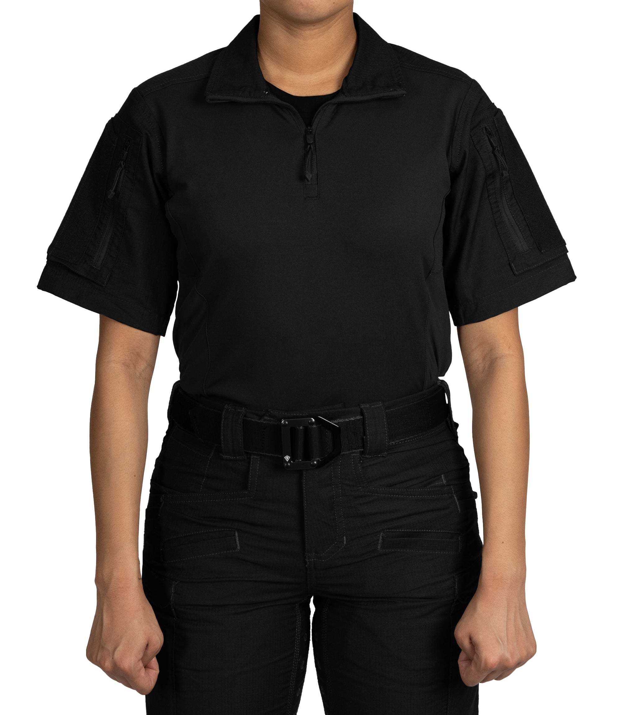 Front of Women's Defender Short Sleeve Shirt in Black |color_black