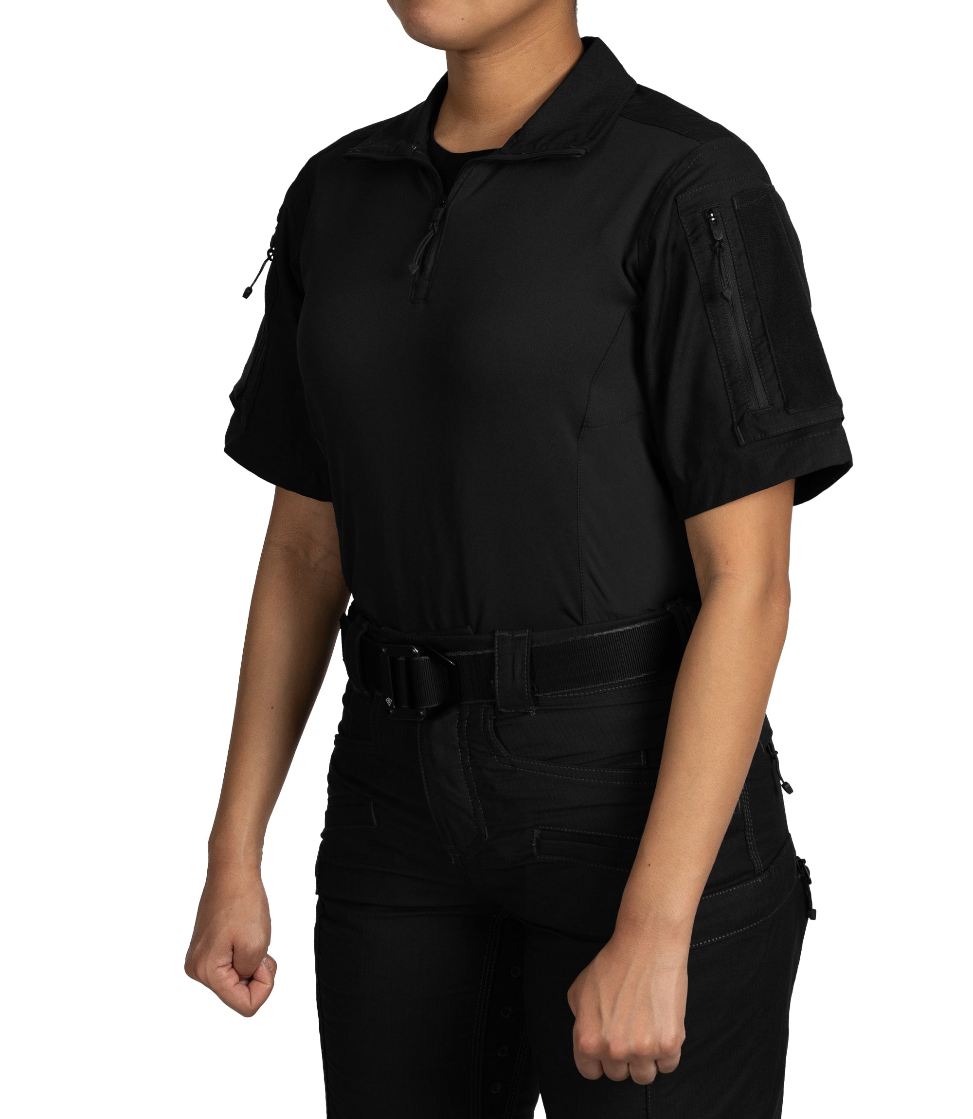 Front Side of Women's Defender Short Sleeve Shirt in Black |color_black