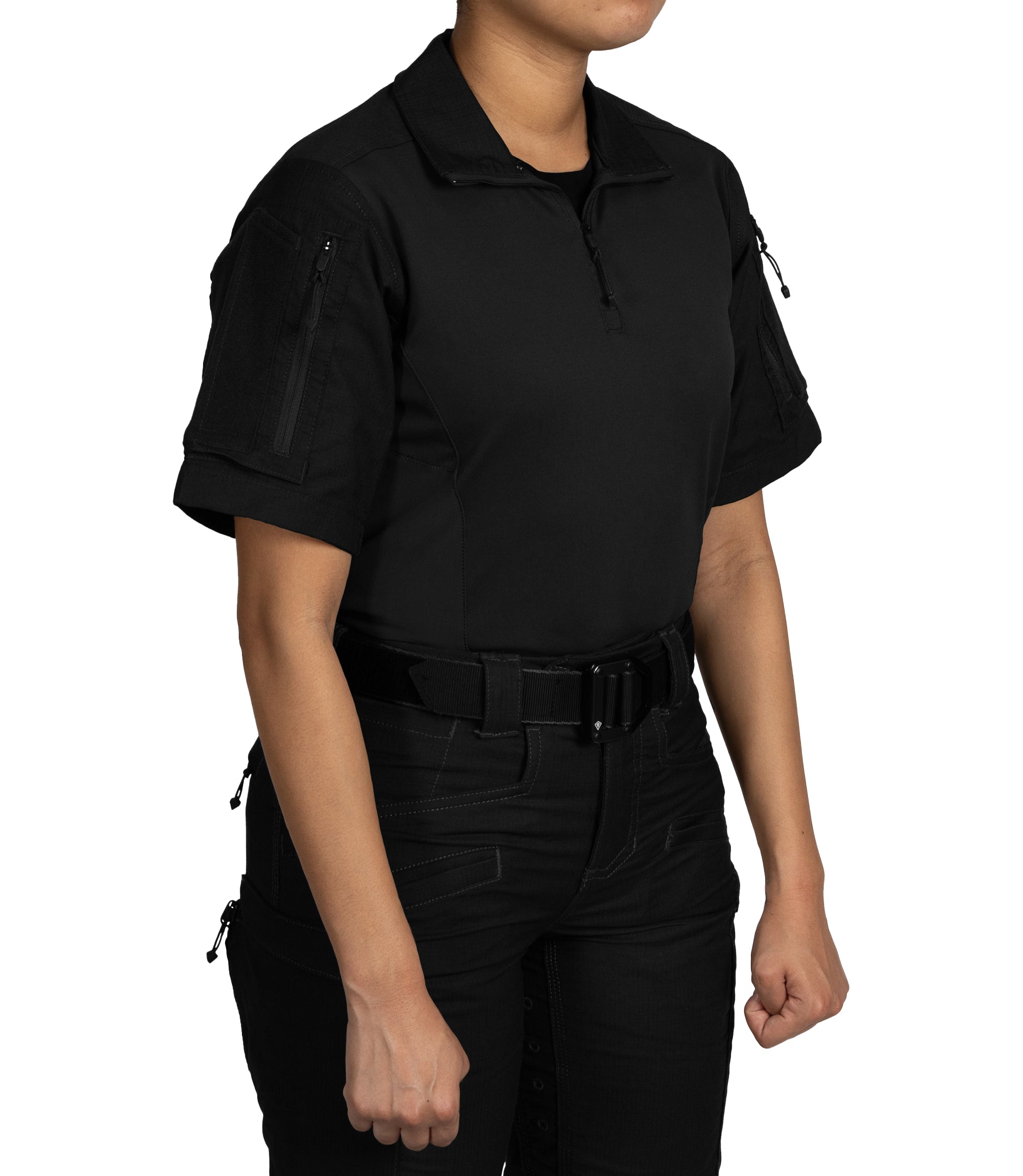 Front Side of Women's Defender Short Sleeve Shirt in Black |color_black