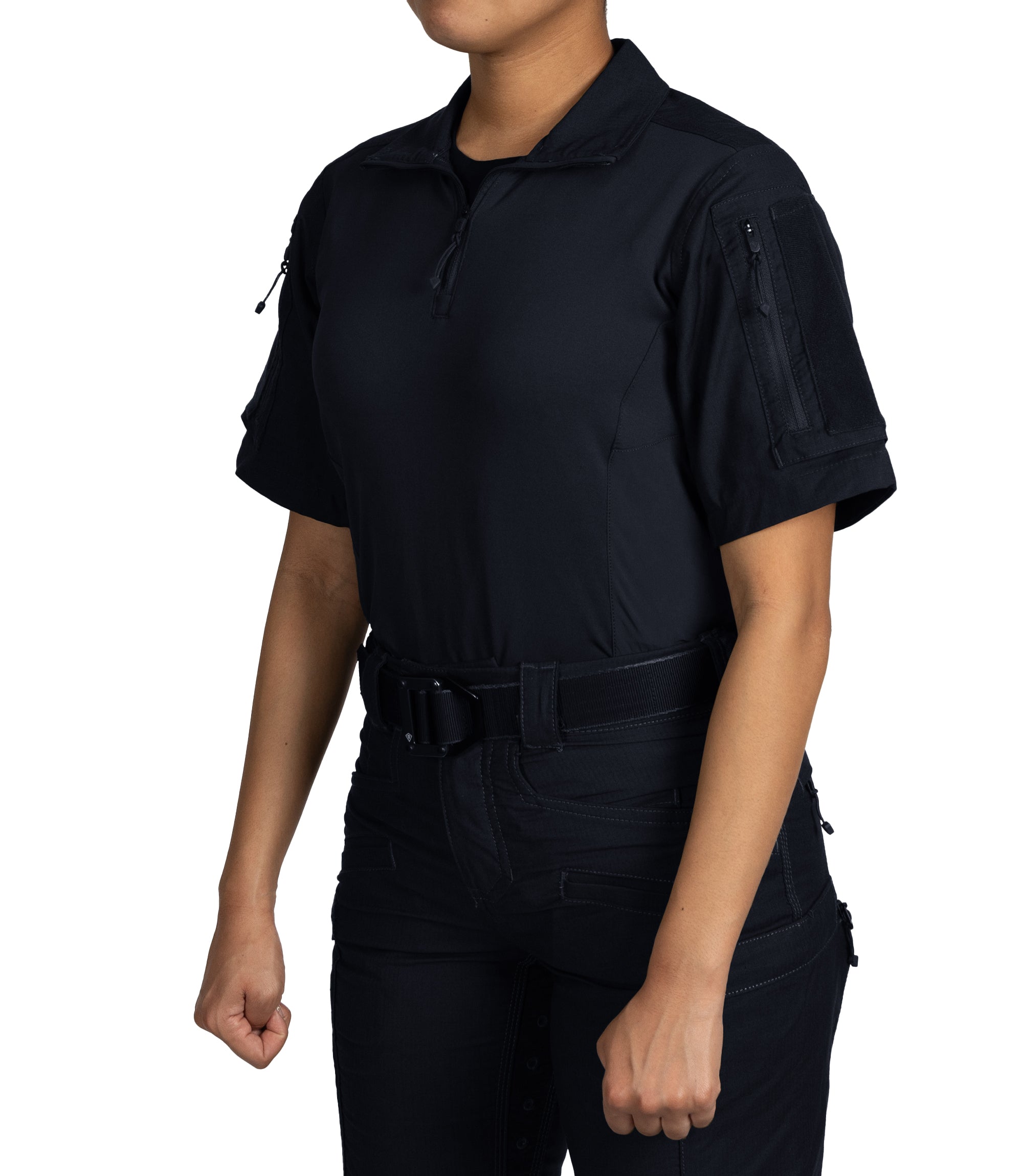 Front Side of Women's Defender Short Sleeve Shirt in Midnight Navy |color_midnight navy