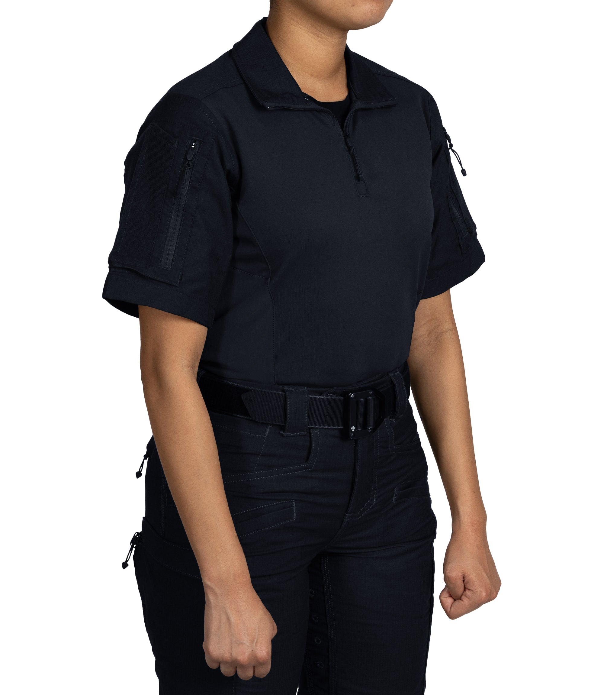 Front Side of Women's Defender Short Sleeve Shirt in Midnight Navy |color_midnight navy