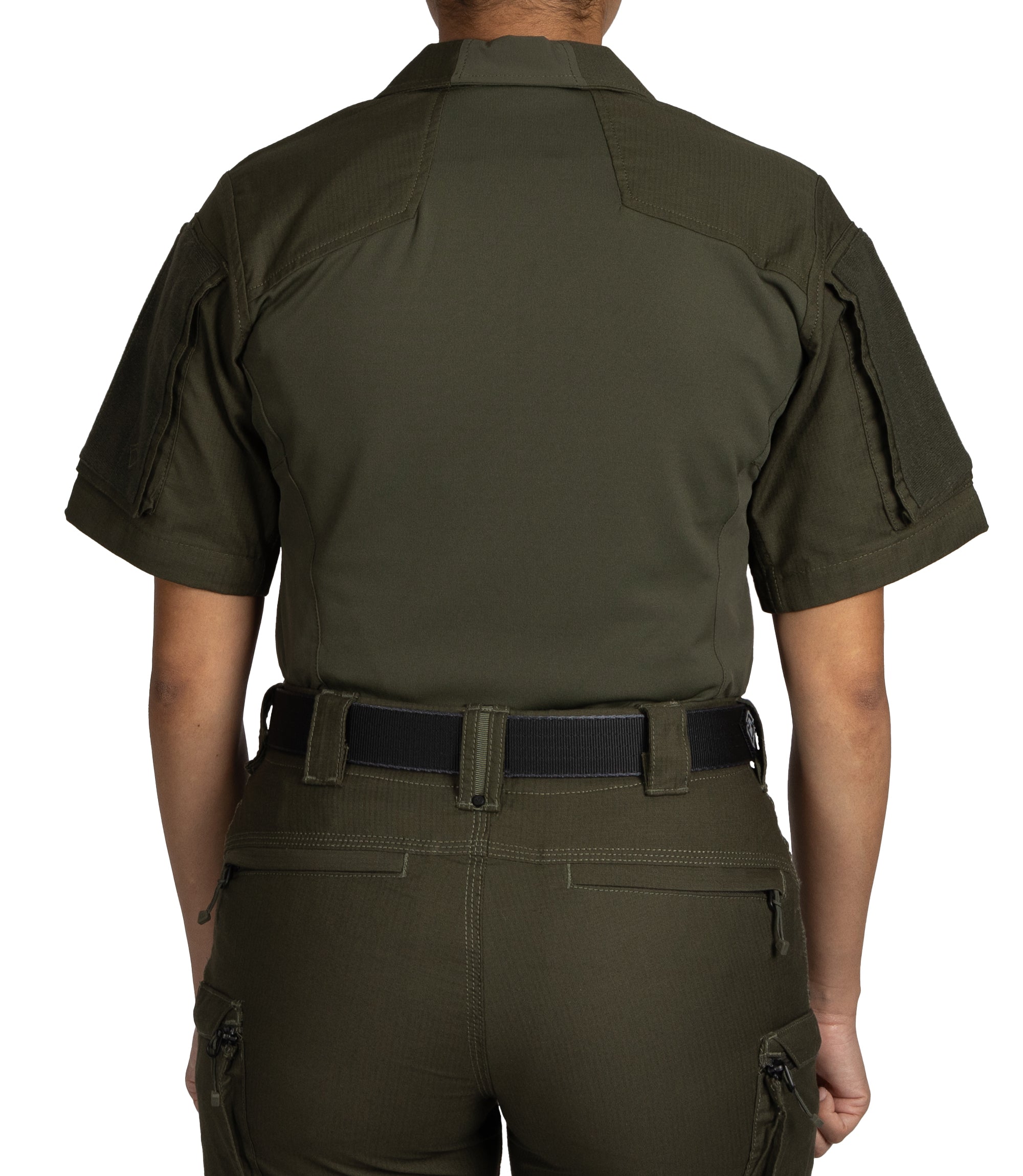 Back of Women's Defender Short Sleeve Shirt in OD Green |color_od green