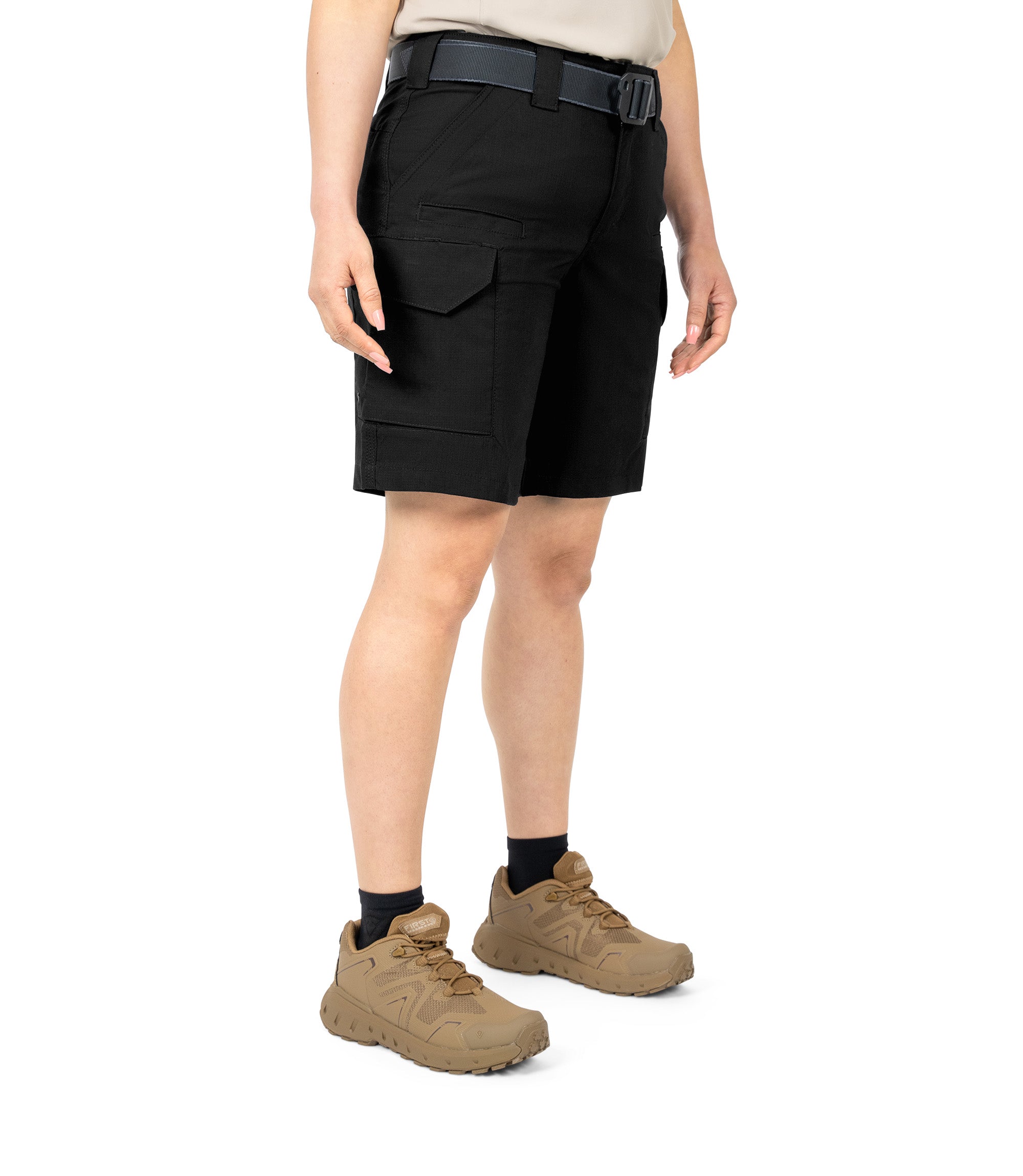 Front 1/4 Right side view of Women's V2 Short in black|color_black