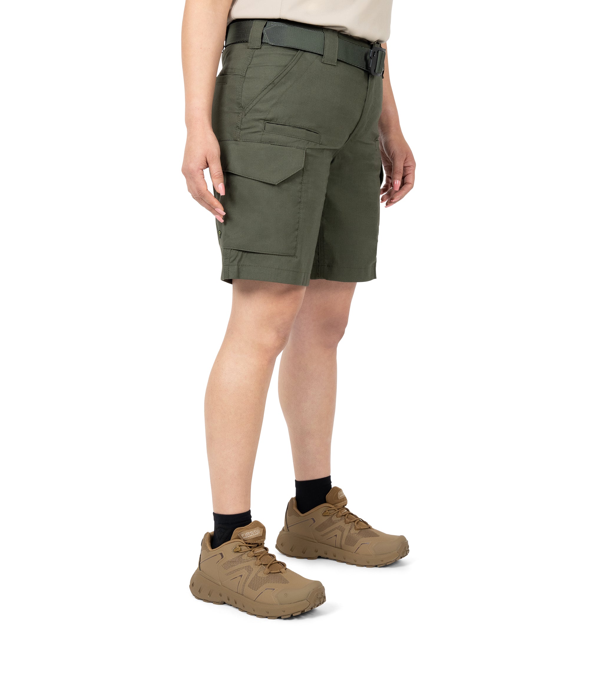 Front 1/4 Right side view of Women's V2 Short in OD Green|color_OD Green