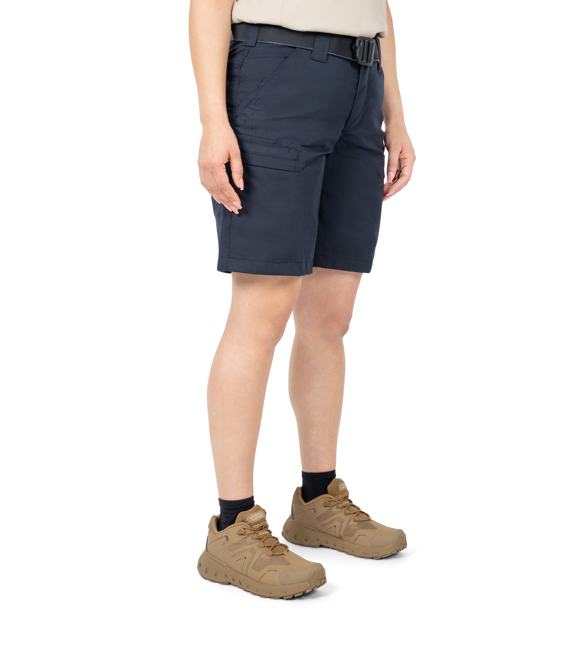 Front 1/4 Right side view of Women's A2 Short in Midnight Navy|color_midnight navy