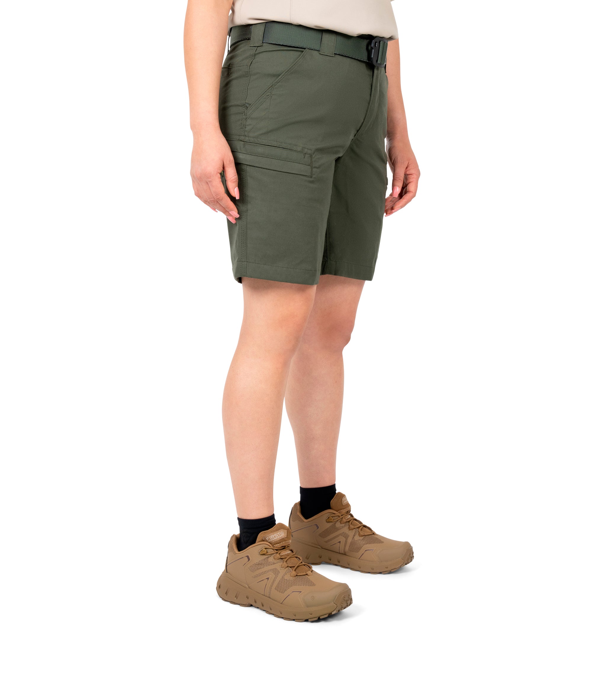 Front 1/4 Right side view of Women's A2 Short in OD Green|color_OD Green