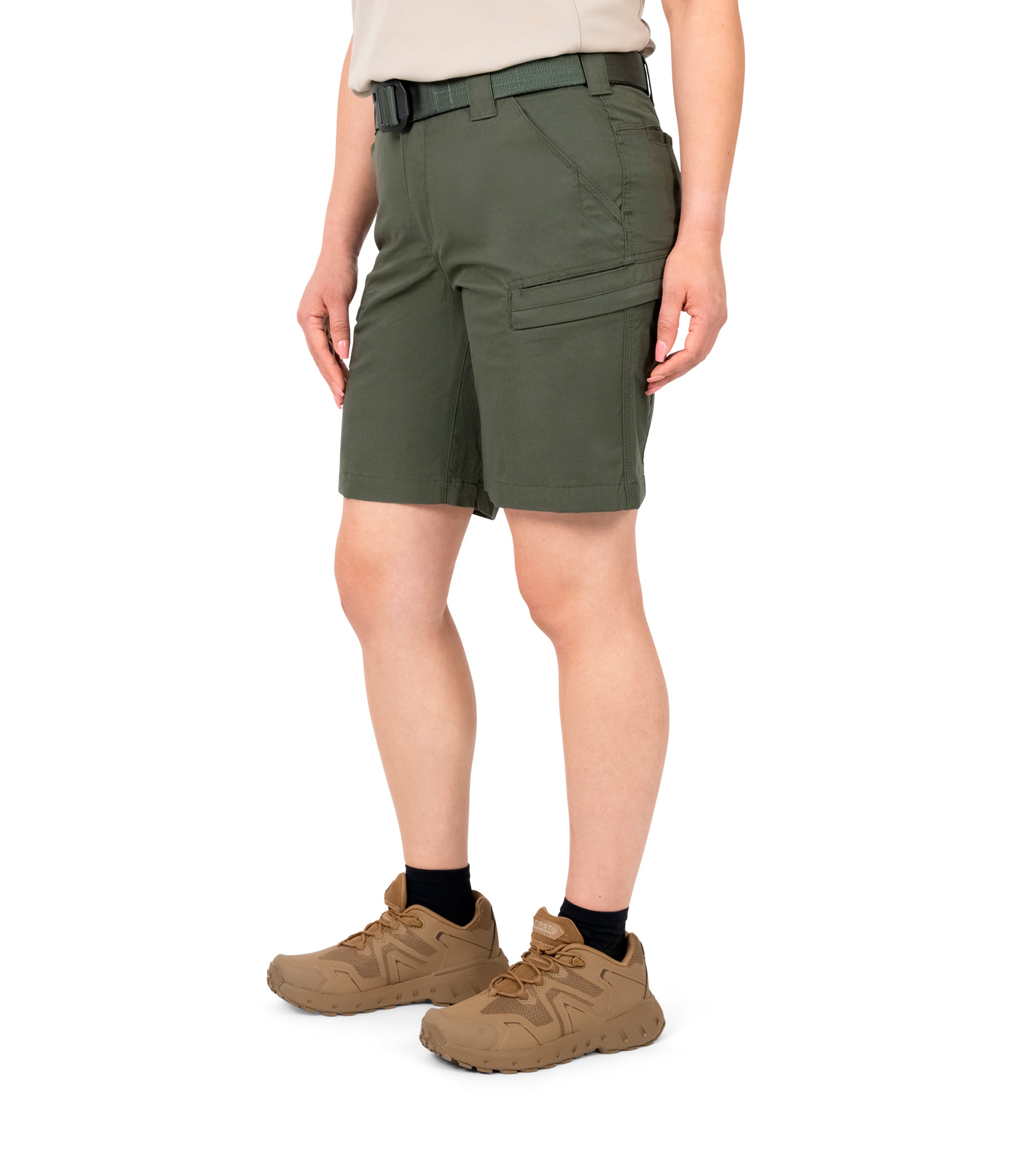 Front 1/4 side view of Women's A2 Short in OD Green|color_OD Green