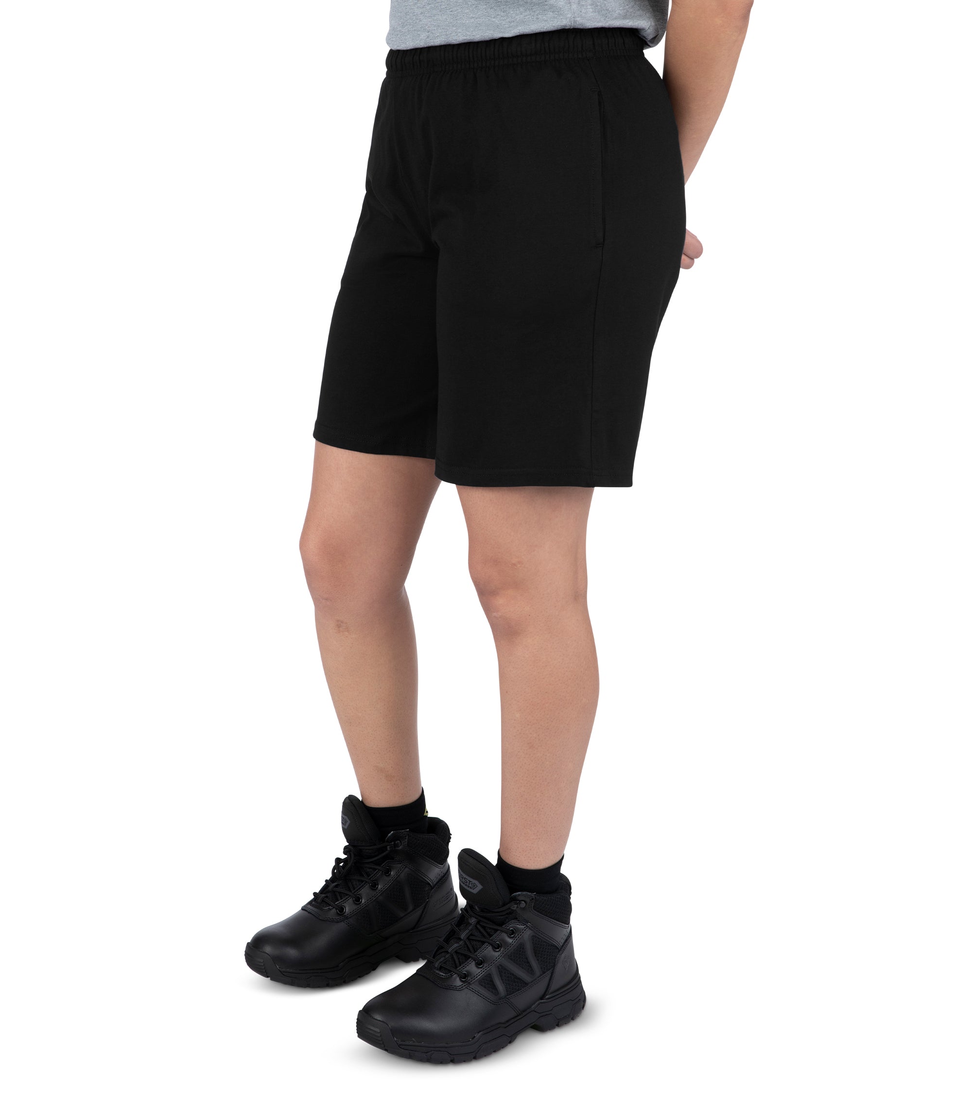 Left front side view of Women's Tactix PT Cotton Training Short in Black|color_black
