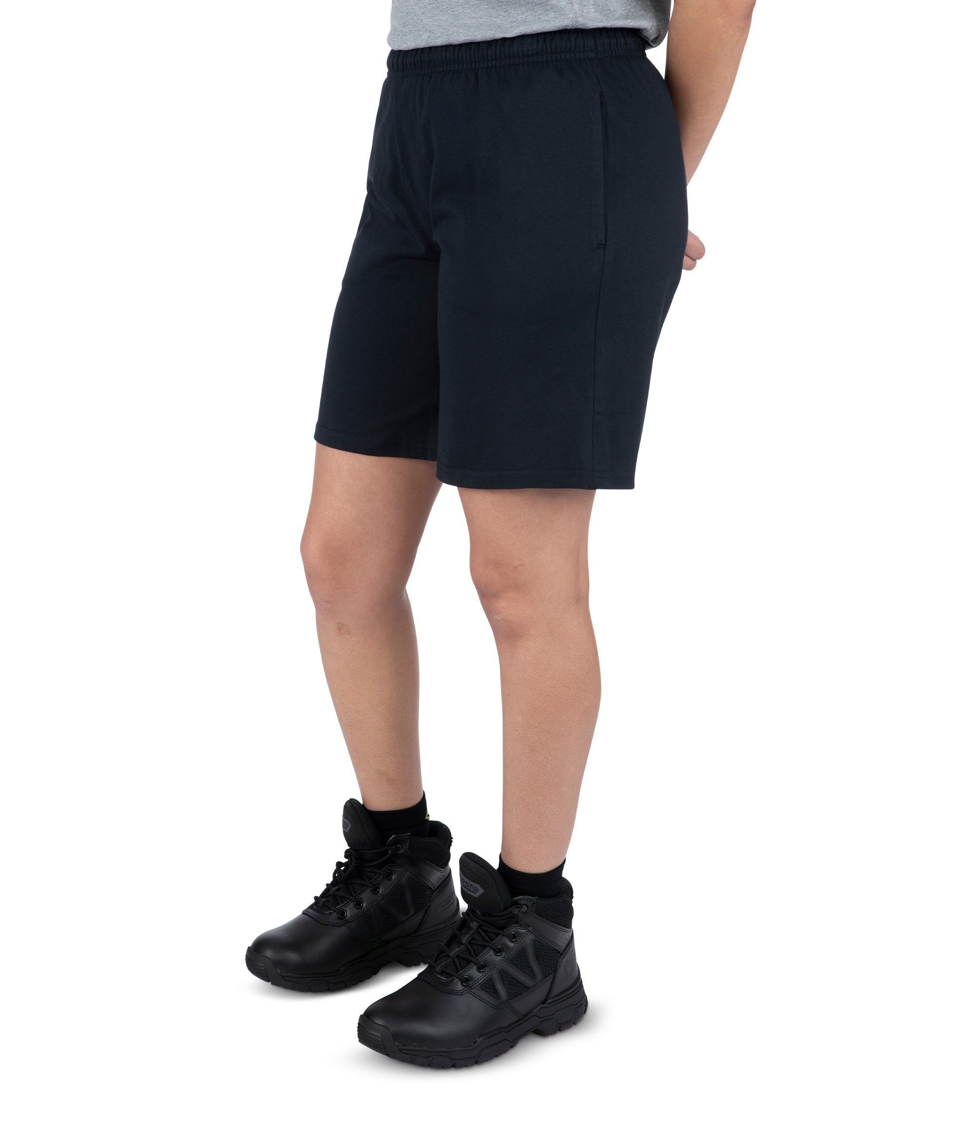 Left front side view of Women's Tactix PT Cotton Training Short in Midnight Navy|color_midnight navy