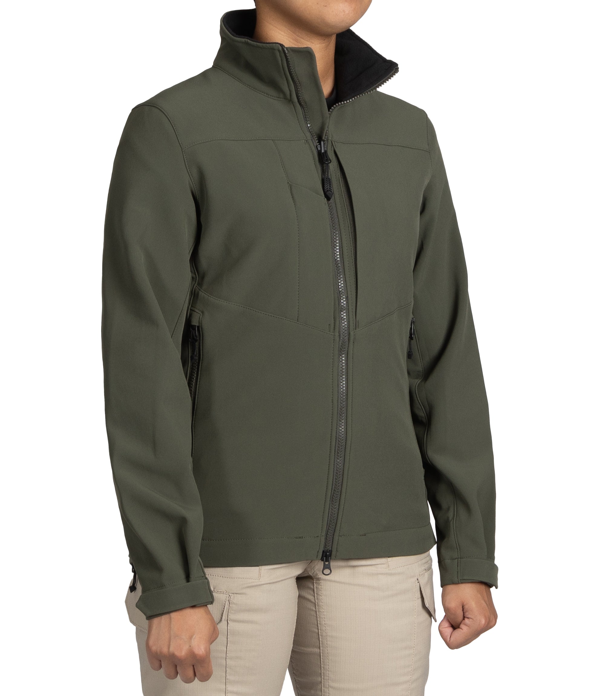 Right front side view of Women’s Tactix Softshell Jacket in OD Green|color_od green