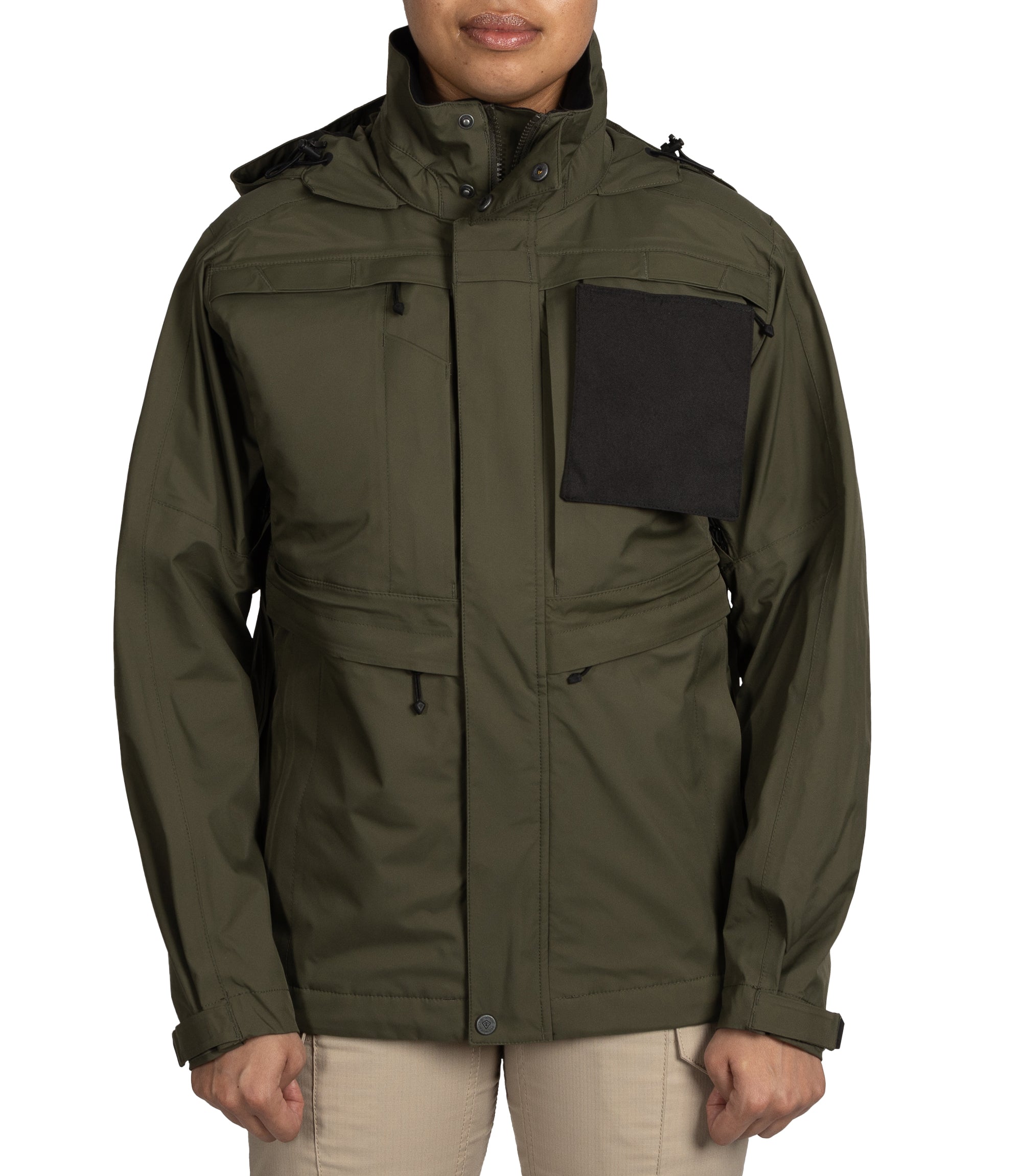 Front chest pocket pull-out panels of Women’s Tactix 3-In-1 System Jacket in OD Green|color_od green
