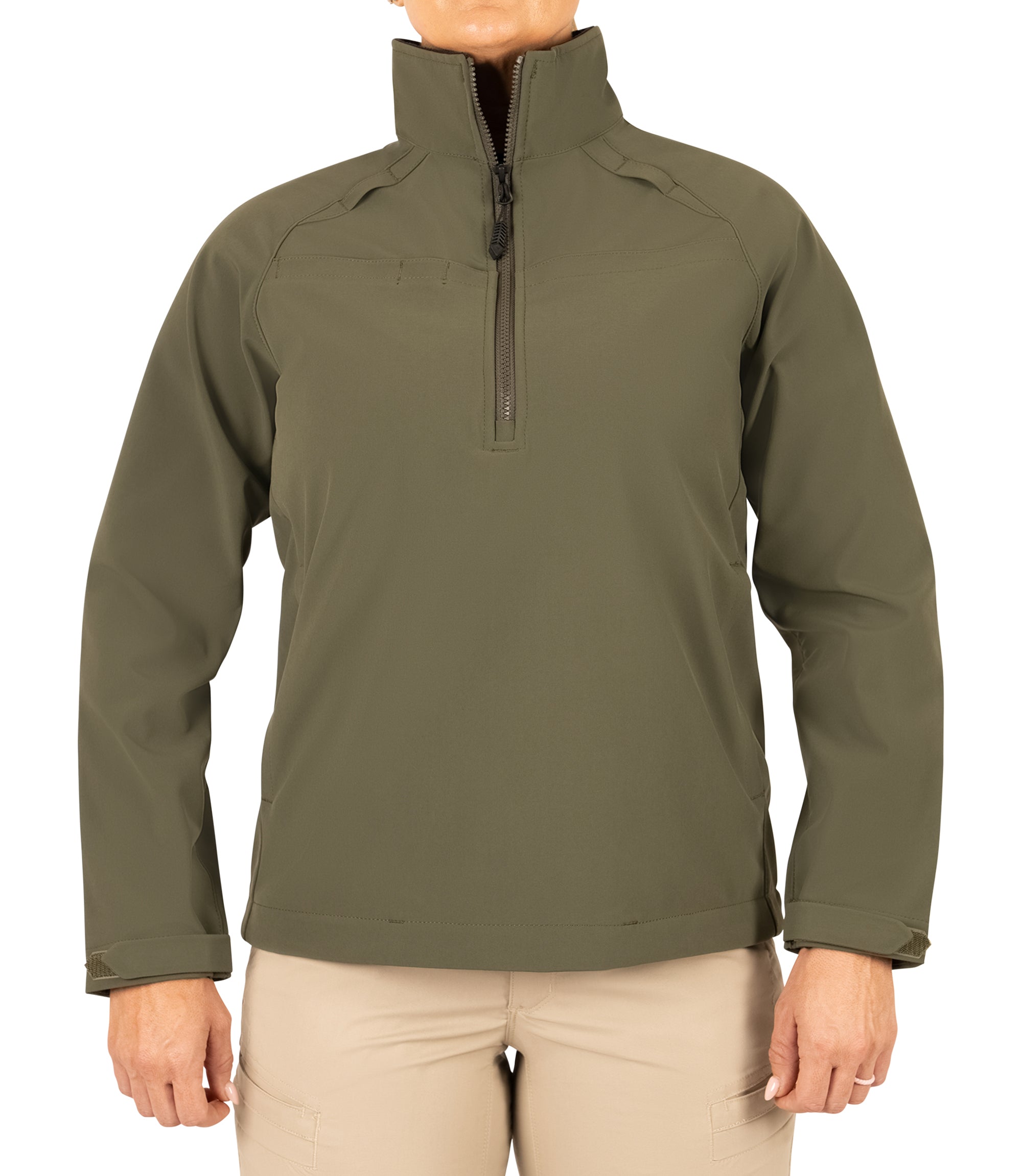 Front veiw of Women's Tactix Softshell Pullover in color OD Green |color_od green