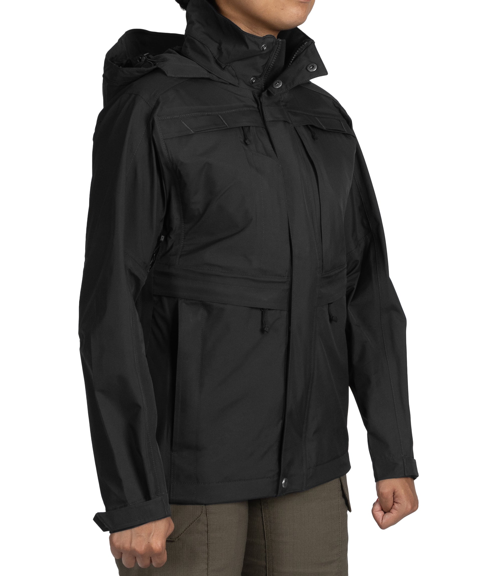 Right front side view of Women’s Tactix Parka Shell Black|color_black