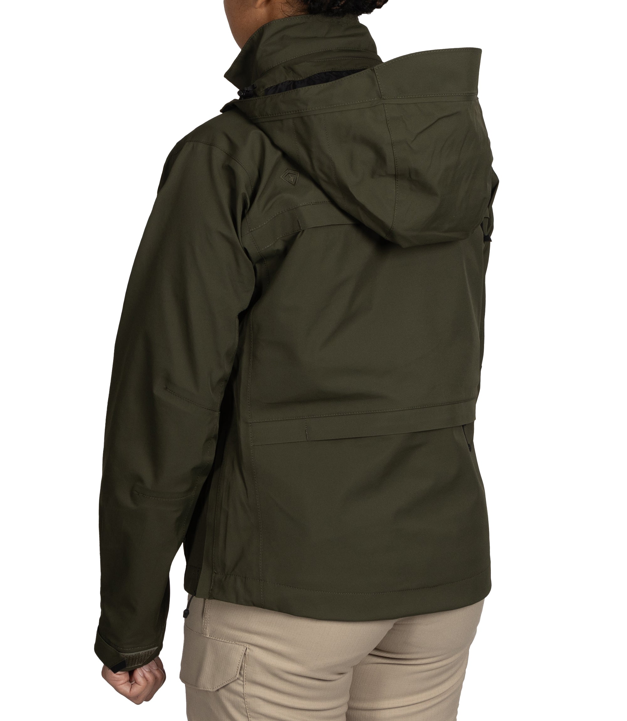 Left back side view of Women’s Tactix Parka Shell in OD Green|color_od green
