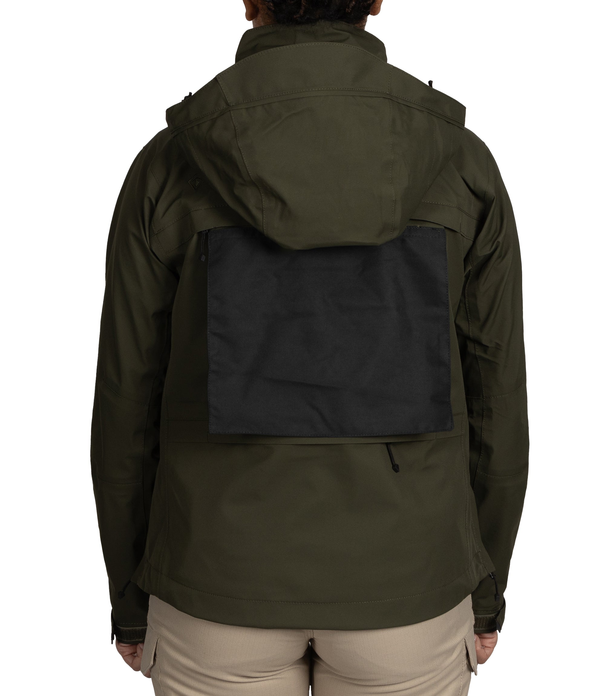 Back view with pull-out panel of Women’s Tactix Parka Shell in OD Green|color_od green