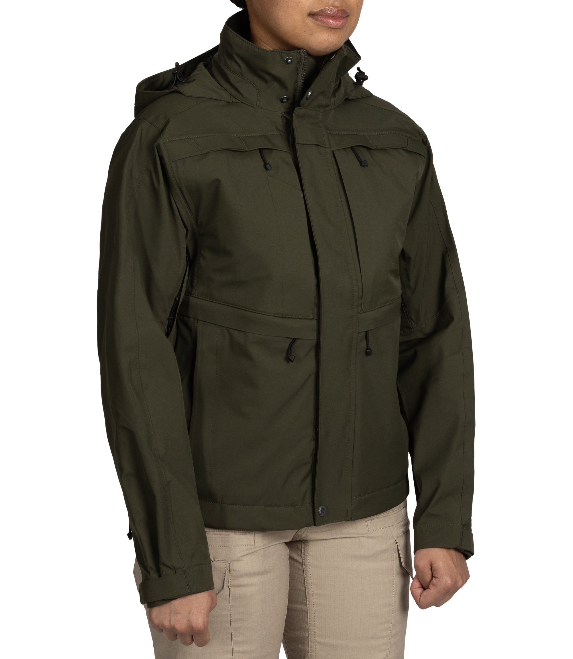Right front side view of Women’s Tactix Parka Shell in OD Green|color_od green